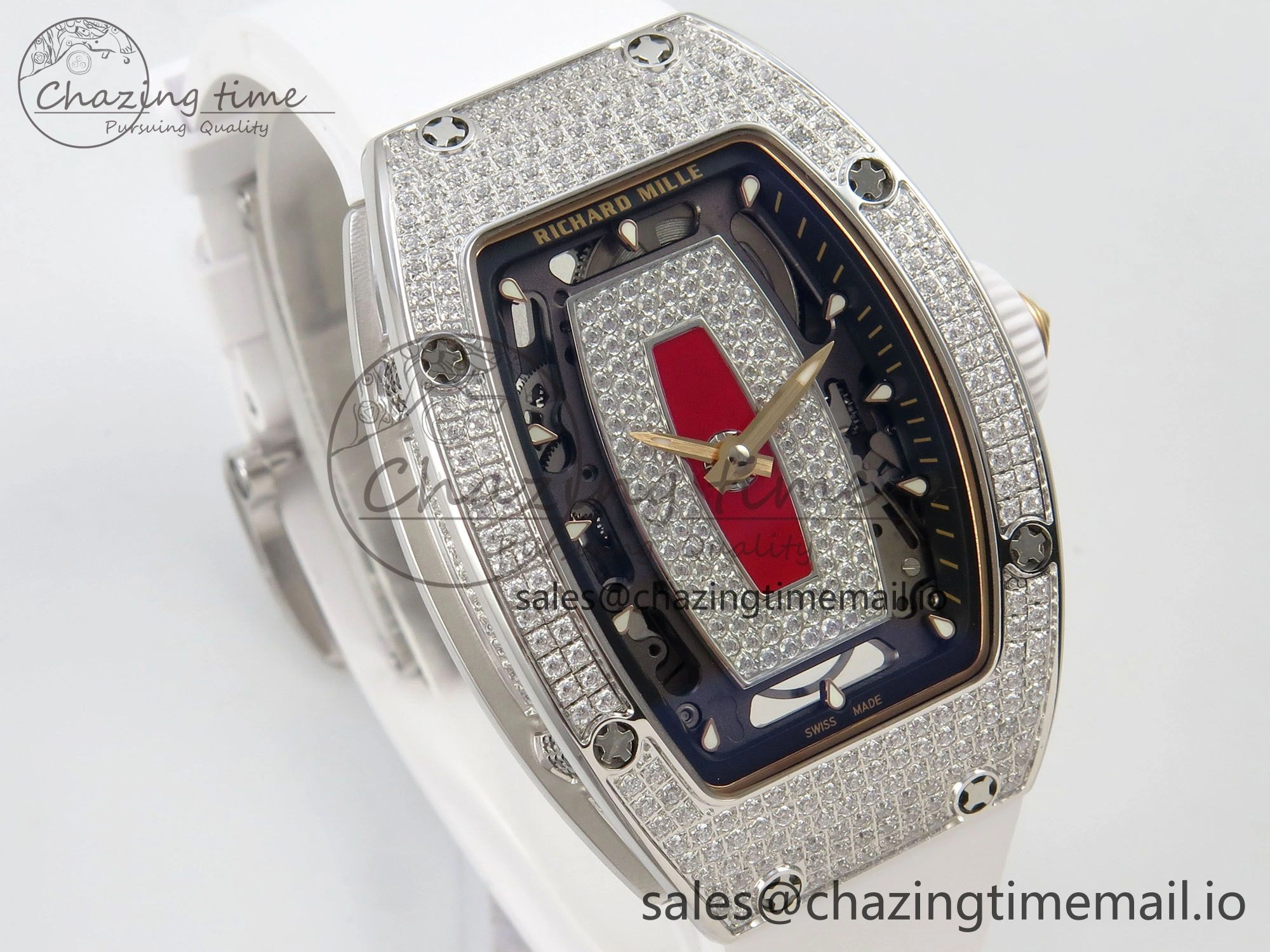 RM07 Ladies Full Diamonds SS ZF 1:1 Best Edition Red Dial on White Rubber Strap CRMA2 Clone