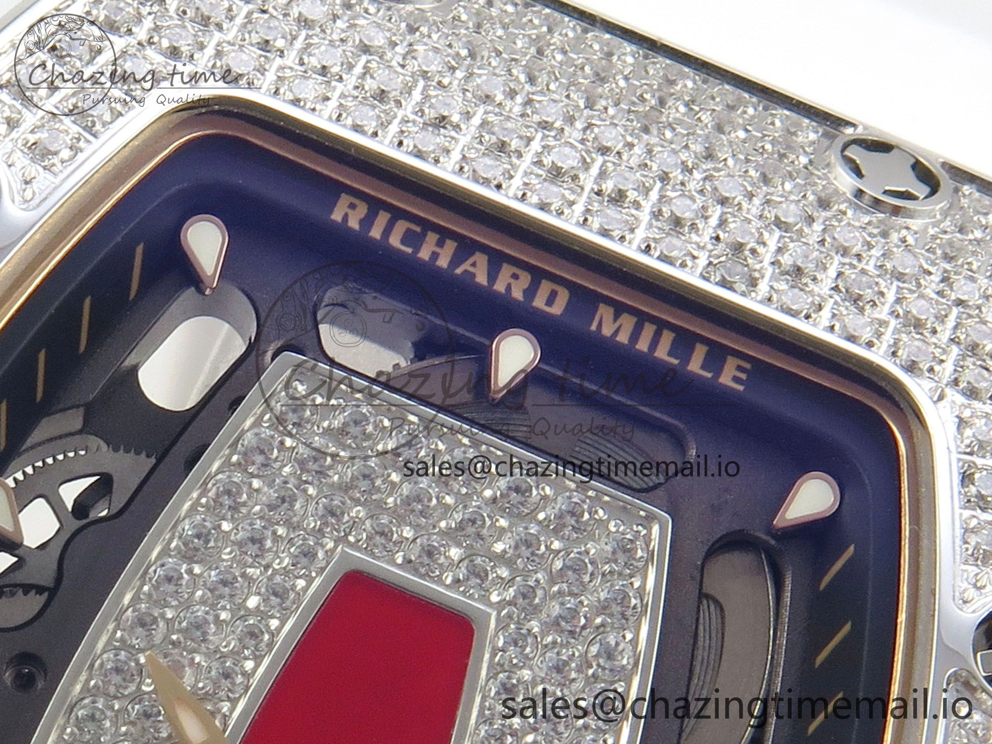 RM07 Ladies Full Diamonds SS ZF 1:1 Best Edition Red Dial on White Rubber Strap CRMA2 Clone