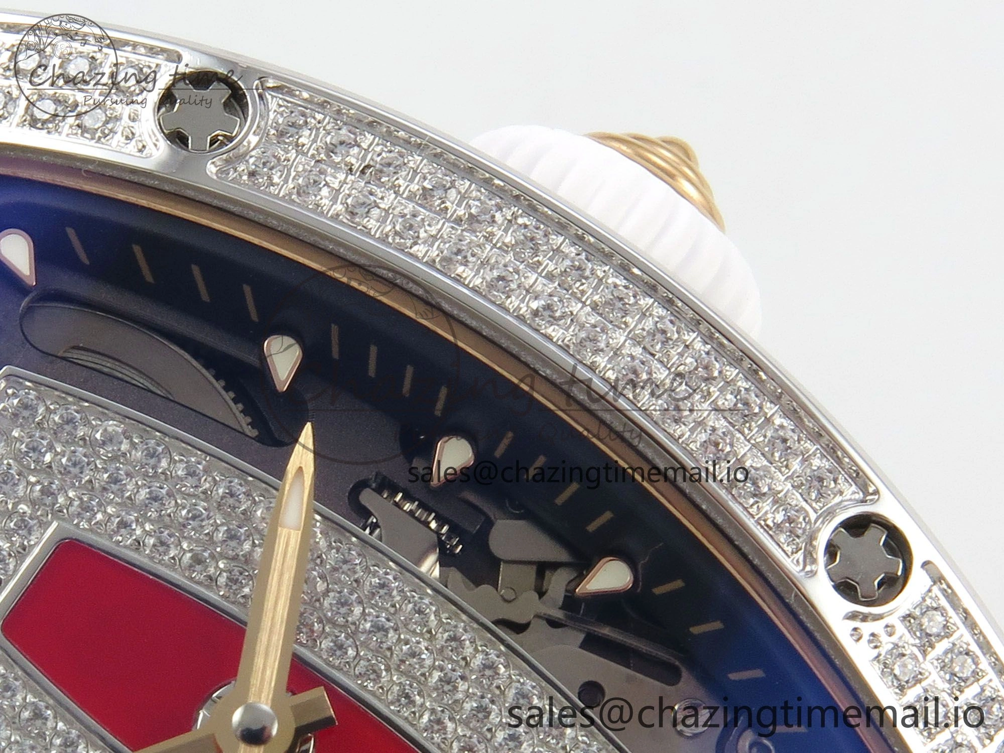RM07 Ladies Full Diamonds SS ZF 1:1 Best Edition Red Dial on White Rubber Strap CRMA2 Clone
