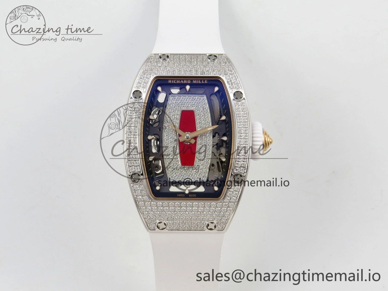 RM07 Ladies Full Diamonds SS ZF 1:1 Best Edition Red Dial on White Rubber Strap CRMA2 Clone
