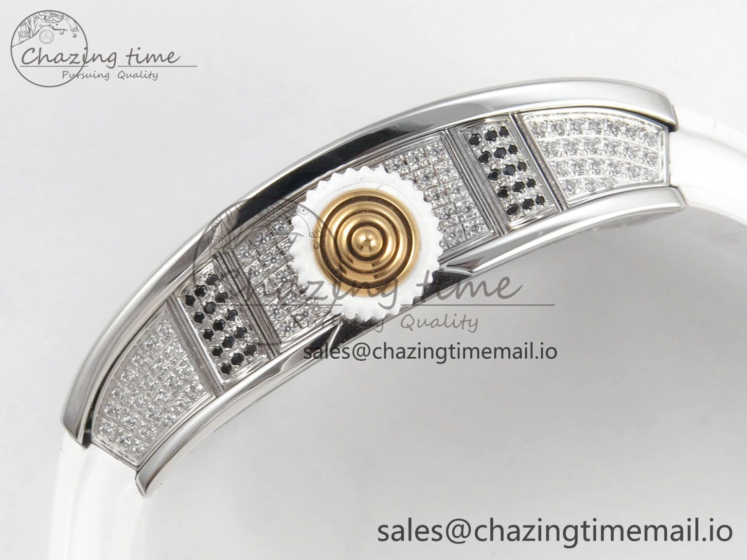 RM07 Ladies Full Diamonds SS ZF 1:1 Best Edition Red Dial on White Rubber Strap CRMA2 Clone
