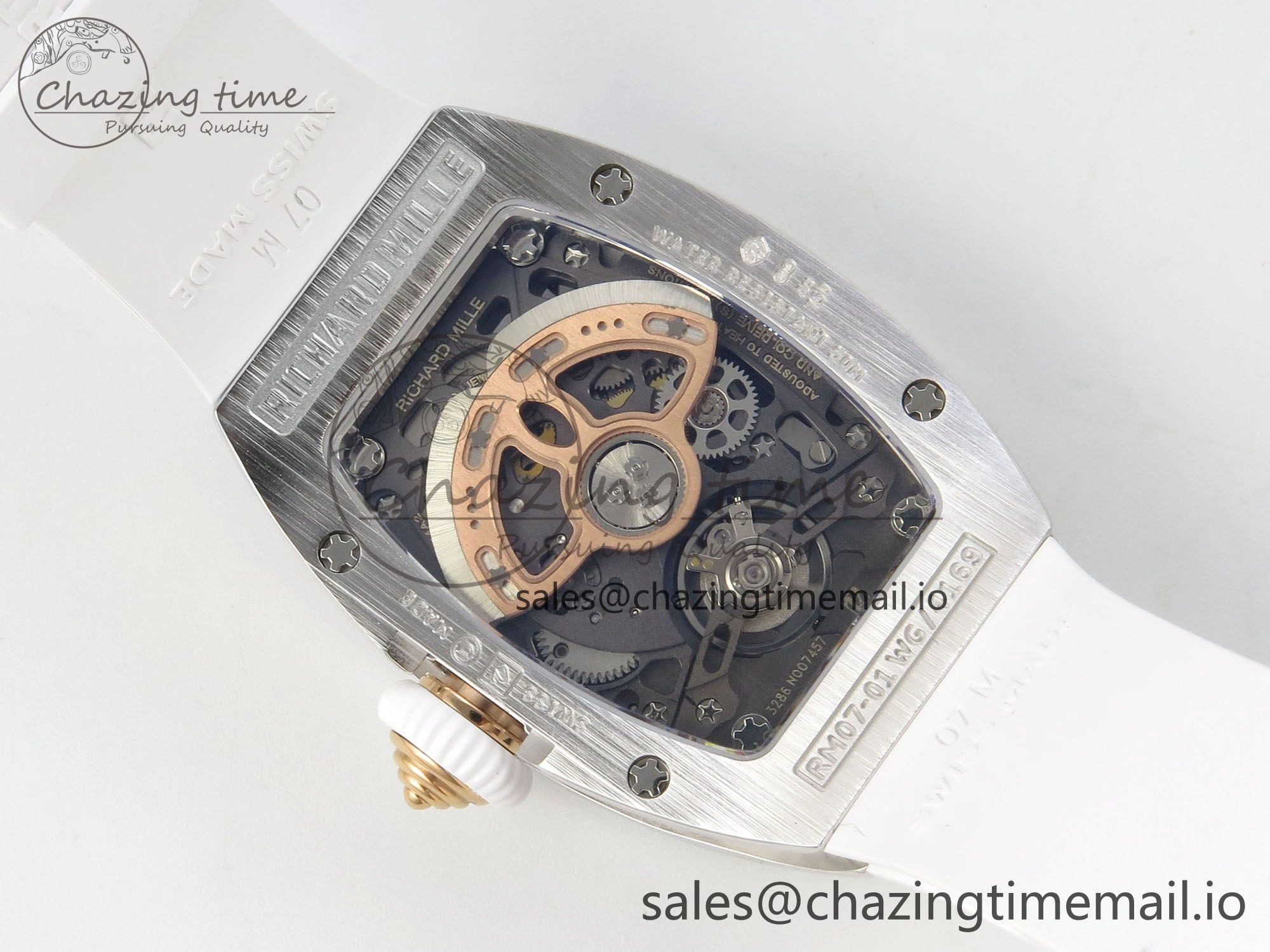 RM07 Ladies Full Diamonds SS ZF 1:1 Best Edition Red Dial on White Rubber Strap CRMA2 Clone