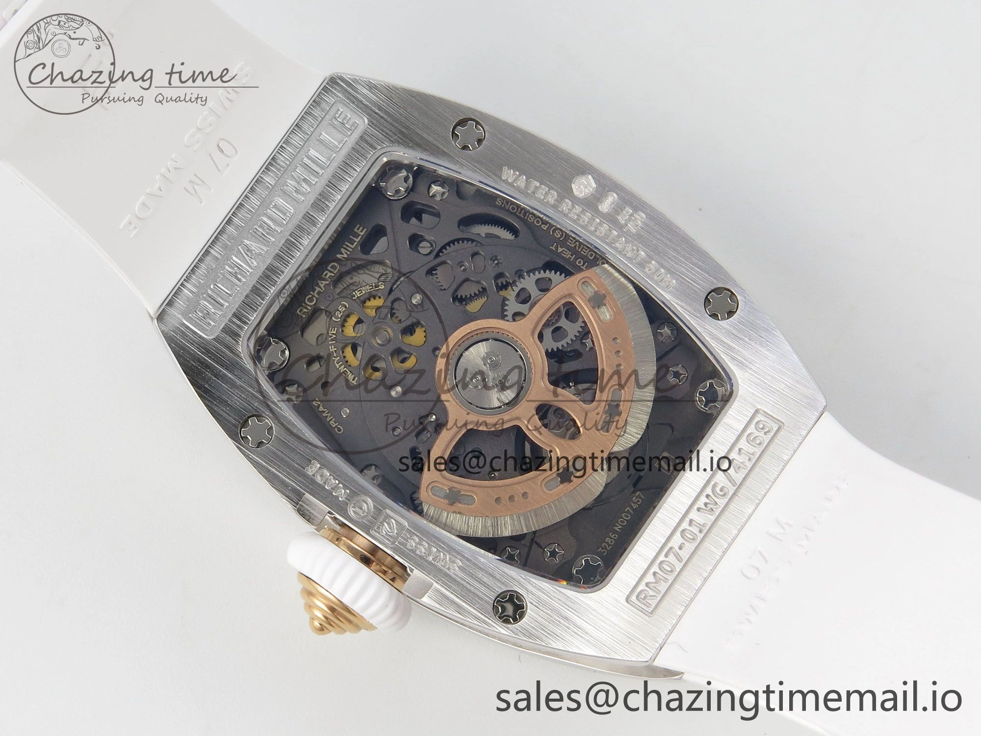 RM07 Ladies Full Diamonds SS ZF 1:1 Best Edition Red Dial on White Rubber Strap CRMA2 Clone
