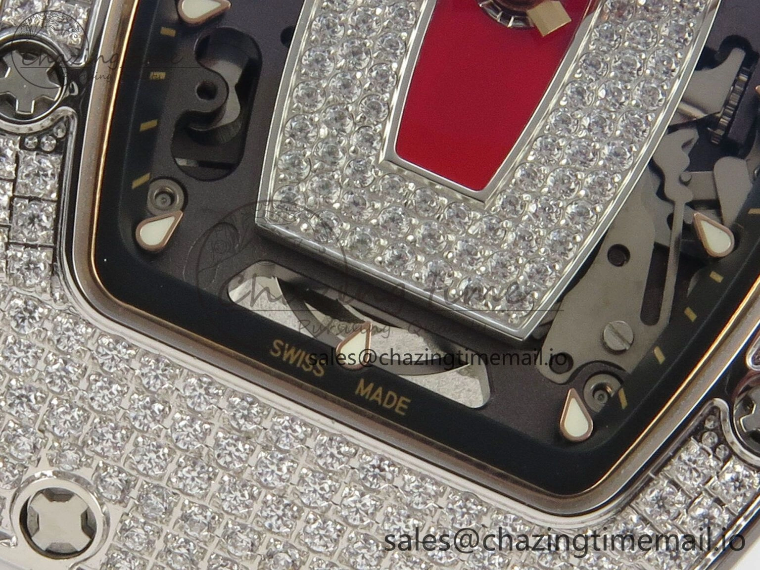 RM07 Ladies Full Diamonds SS ZF 1:1 Best Edition Red Dial on White Rubber Strap CRMA2 Clone