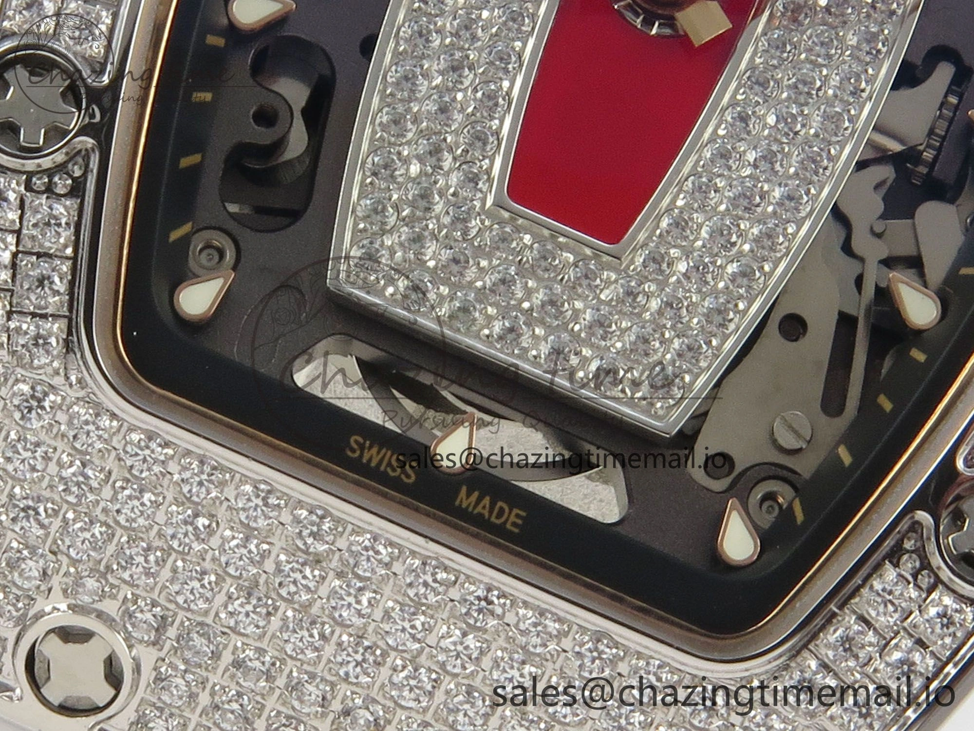 RM07 Ladies Full Diamonds SS ZF 1:1 Best Edition Red Dial on White Rubber Strap CRMA2 Clone