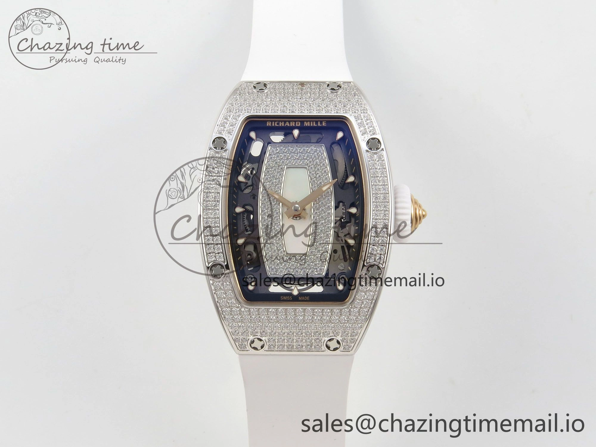 RM07 Ladies Full Diamonds SS ZF 1:1 Best Edition White MOP Dial on White Rubber Strap CRMA2 Clone