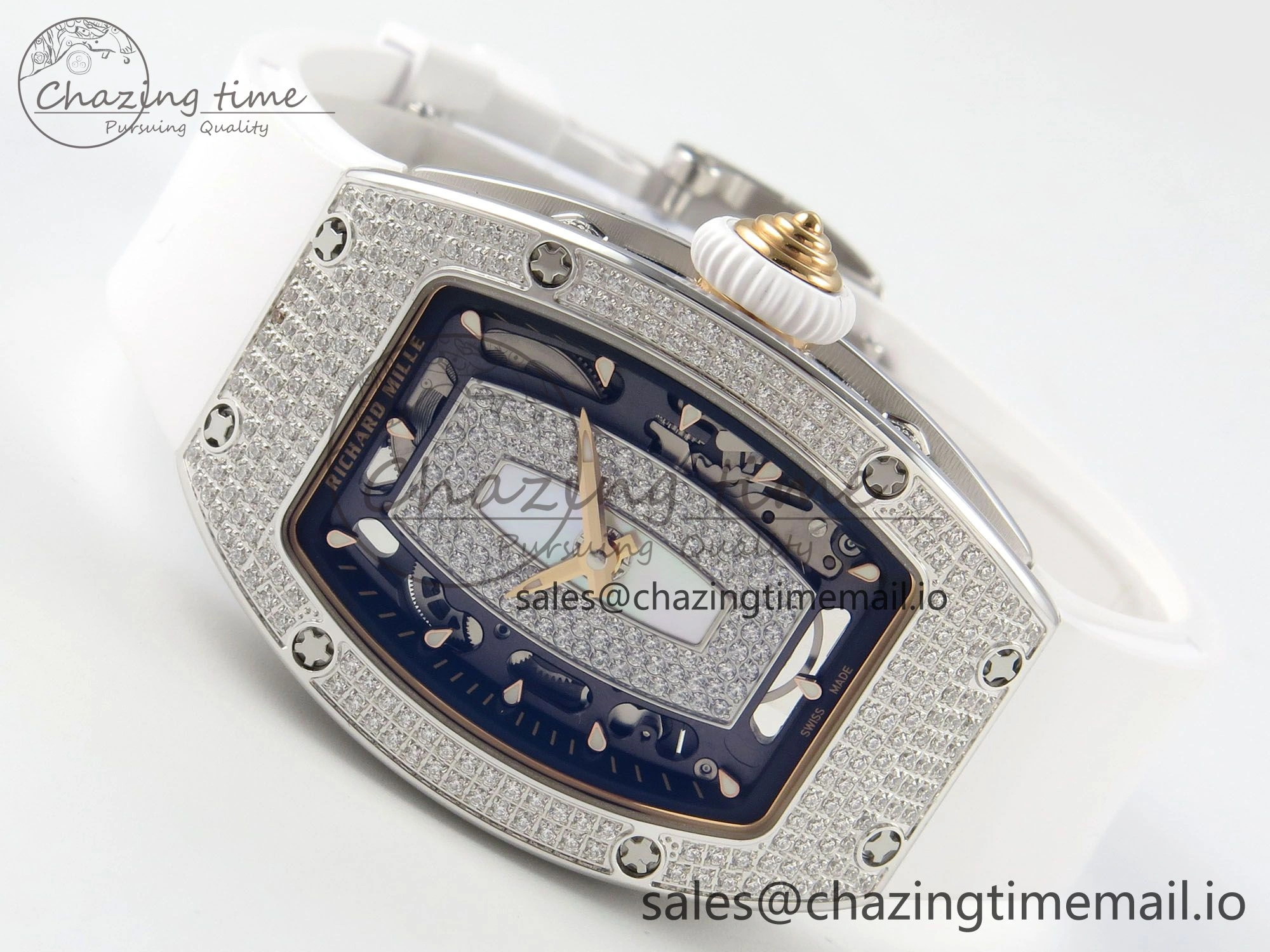 RM07 Ladies Full Diamonds SS ZF 1:1 Best Edition White MOP Dial on White Rubber Strap CRMA2 Clone