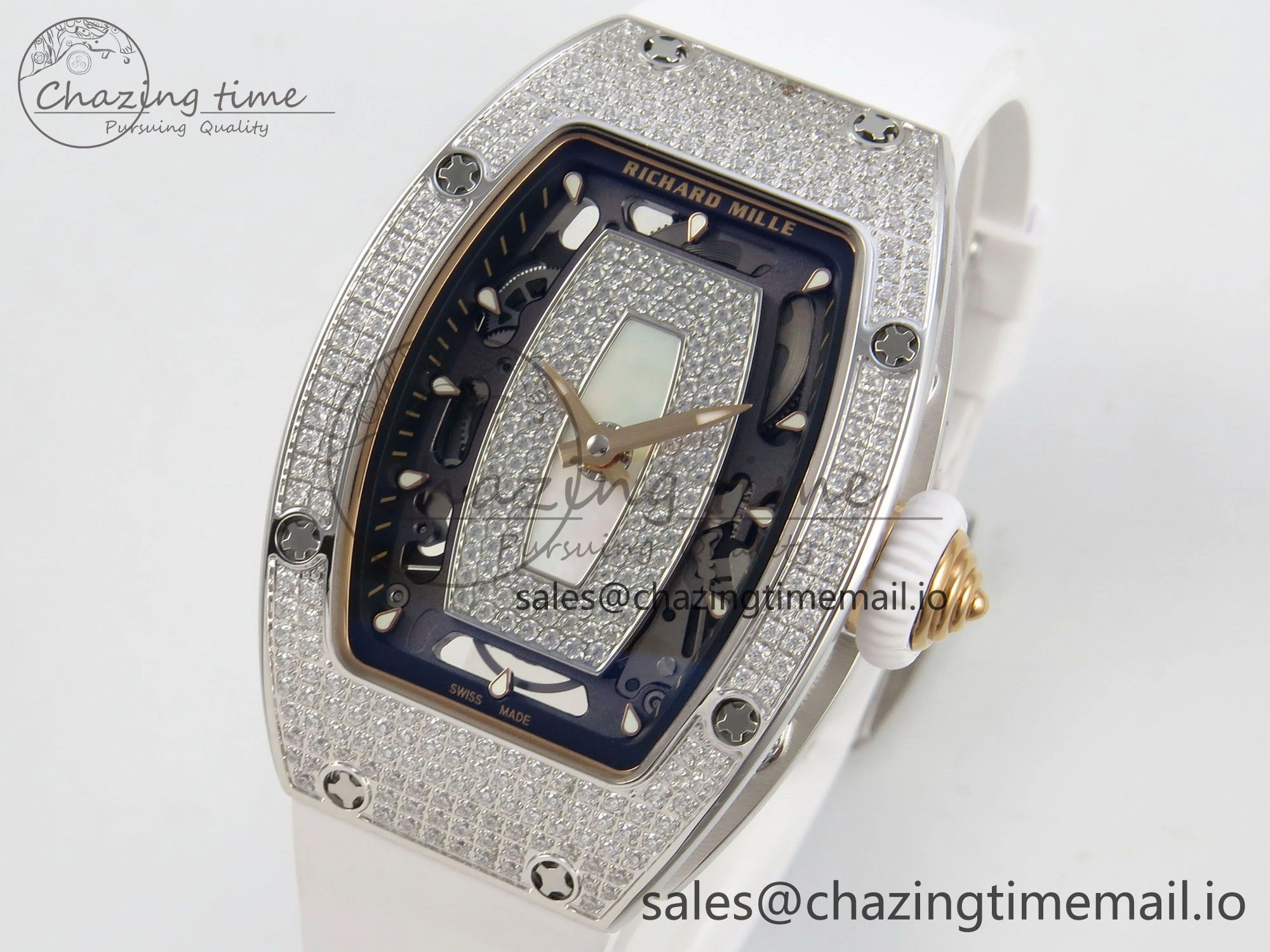 RM07 Ladies Full Diamonds SS ZF 1:1 Best Edition White MOP Dial on White Rubber Strap CRMA2 Clone