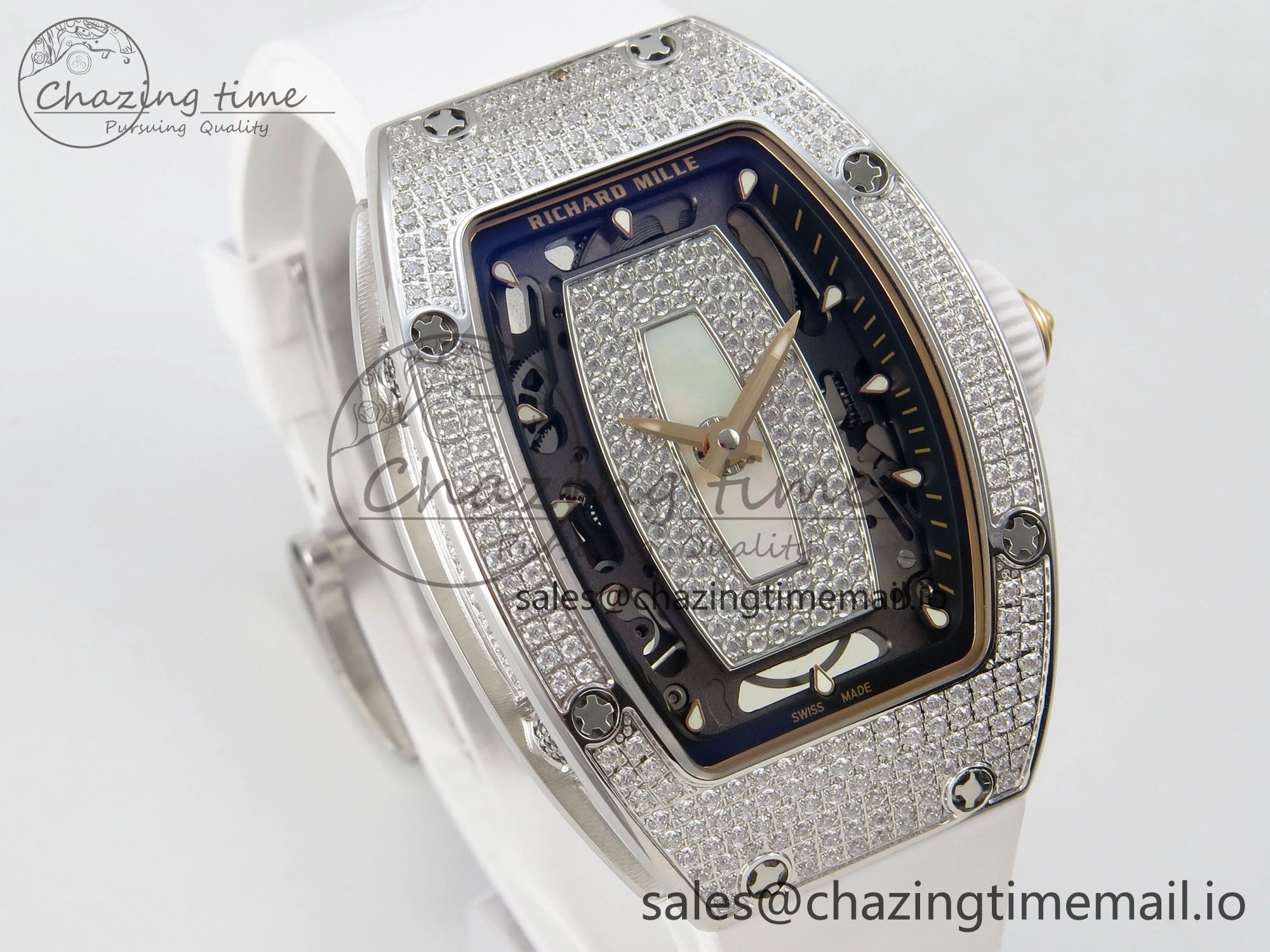 RM07 Ladies Full Diamonds SS ZF 1:1 Best Edition White MOP Dial on White Rubber Strap CRMA2 Clone