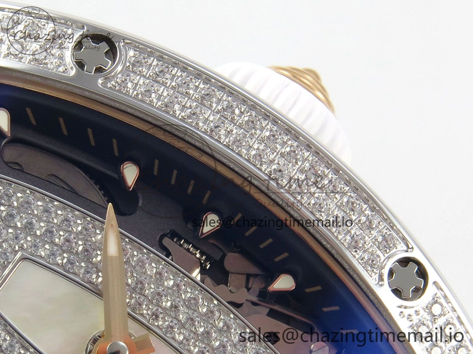 RM07 Ladies Full Diamonds SS ZF 1:1 Best Edition White MOP Dial on White Rubber Strap CRMA2 Clone