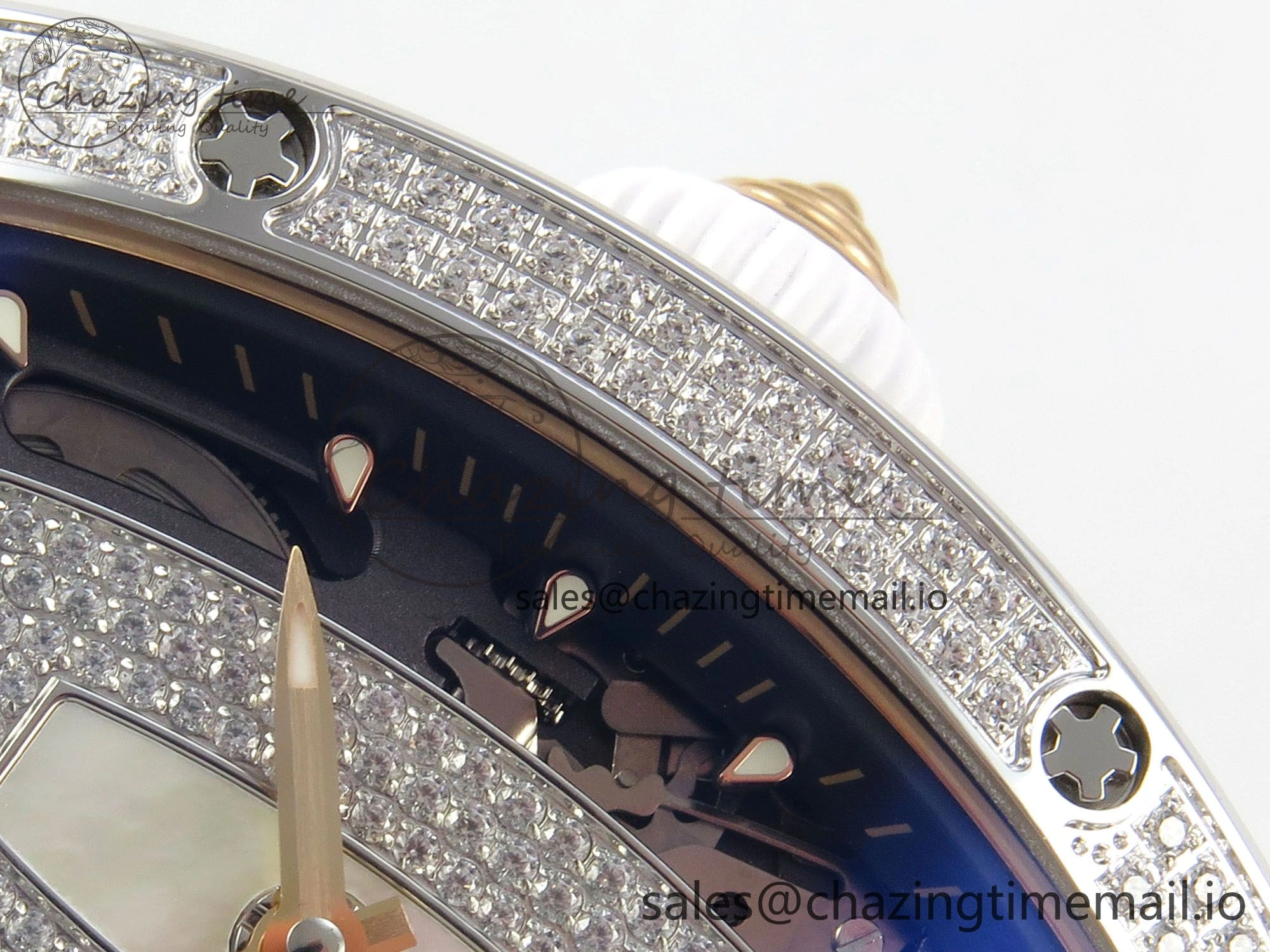 RM07 Ladies Full Diamonds SS ZF 1:1 Best Edition White MOP Dial on White Rubber Strap CRMA2 Clone
