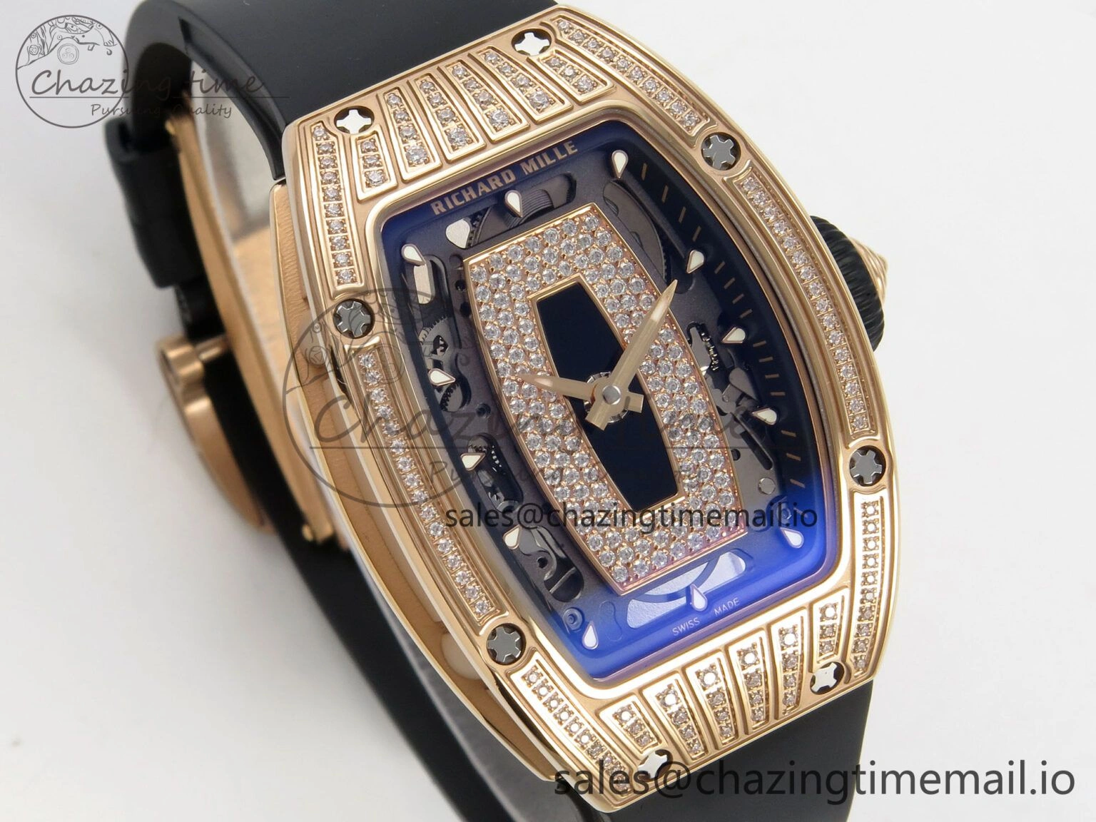 RM07 Ladies RG Diamonds Bezel ZF 1:1 Best Edition Black Diamonds Skeleton Dial on Black Rubber Strap CRMA2 Clone