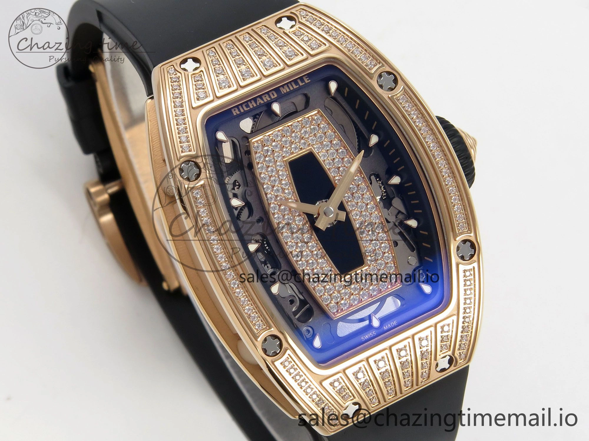 RM07 Ladies RG Diamonds Bezel ZF 1:1 Best Edition Black Diamonds Skeleton Dial on Black Rubber Strap CRMA2 Clone