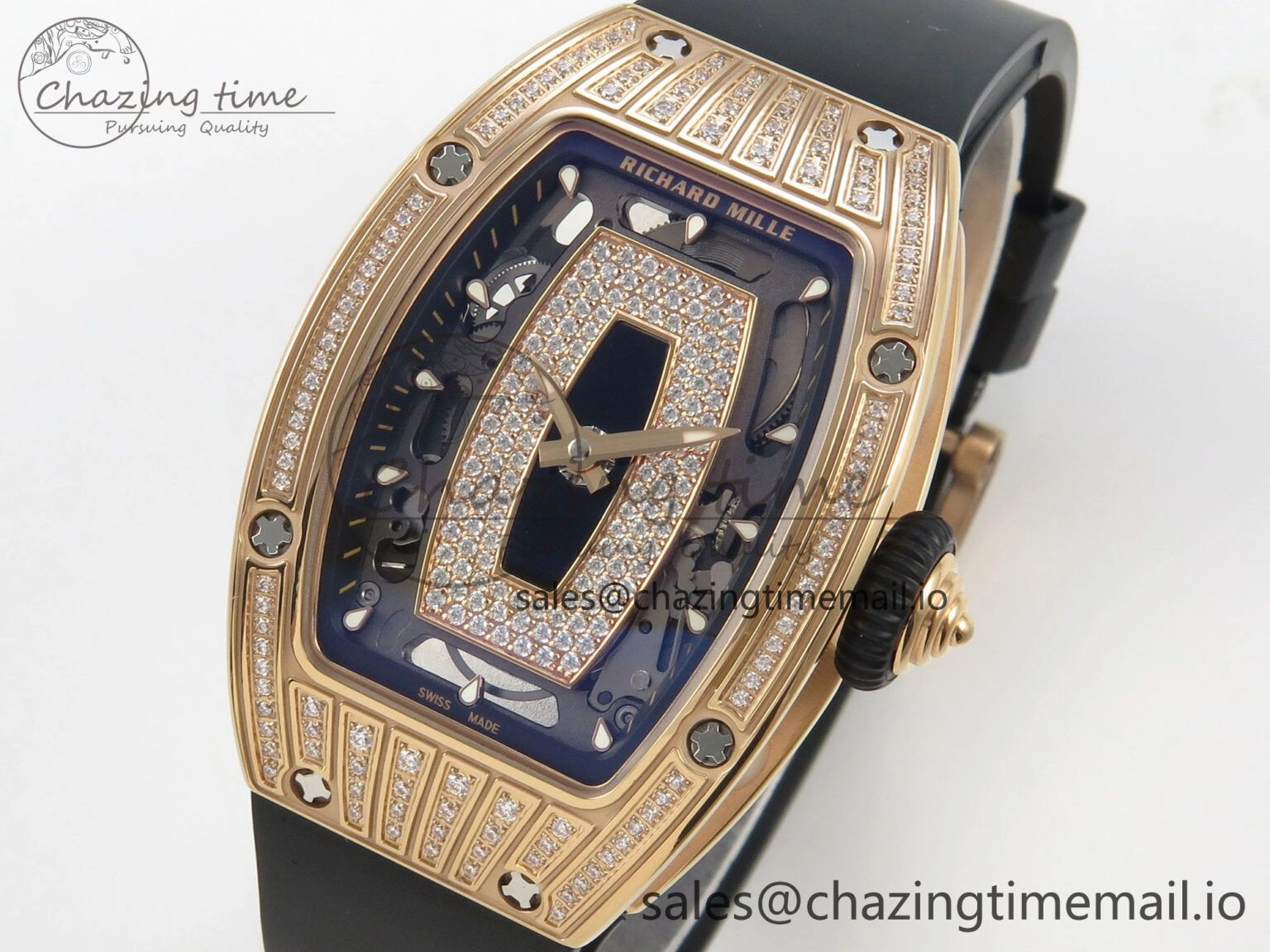 RM07 Ladies RG Diamonds Bezel ZF 1:1 Best Edition Black Diamonds Skeleton Dial on Black Rubber Strap CRMA2 Clone