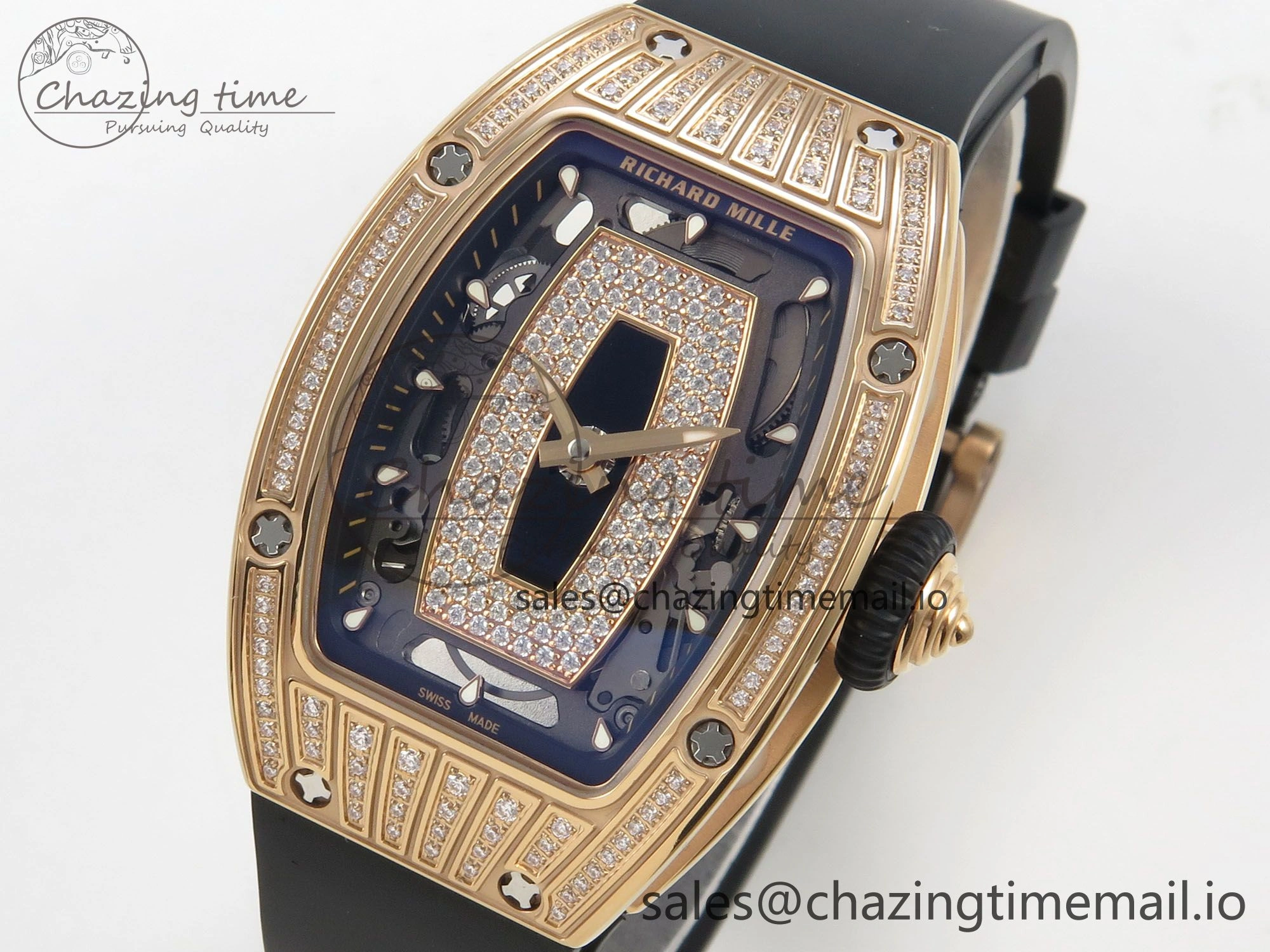 RM07 Ladies RG Diamonds Bezel ZF 1:1 Best Edition Black Diamonds Skeleton Dial on Black Rubber Strap CRMA2 Clone