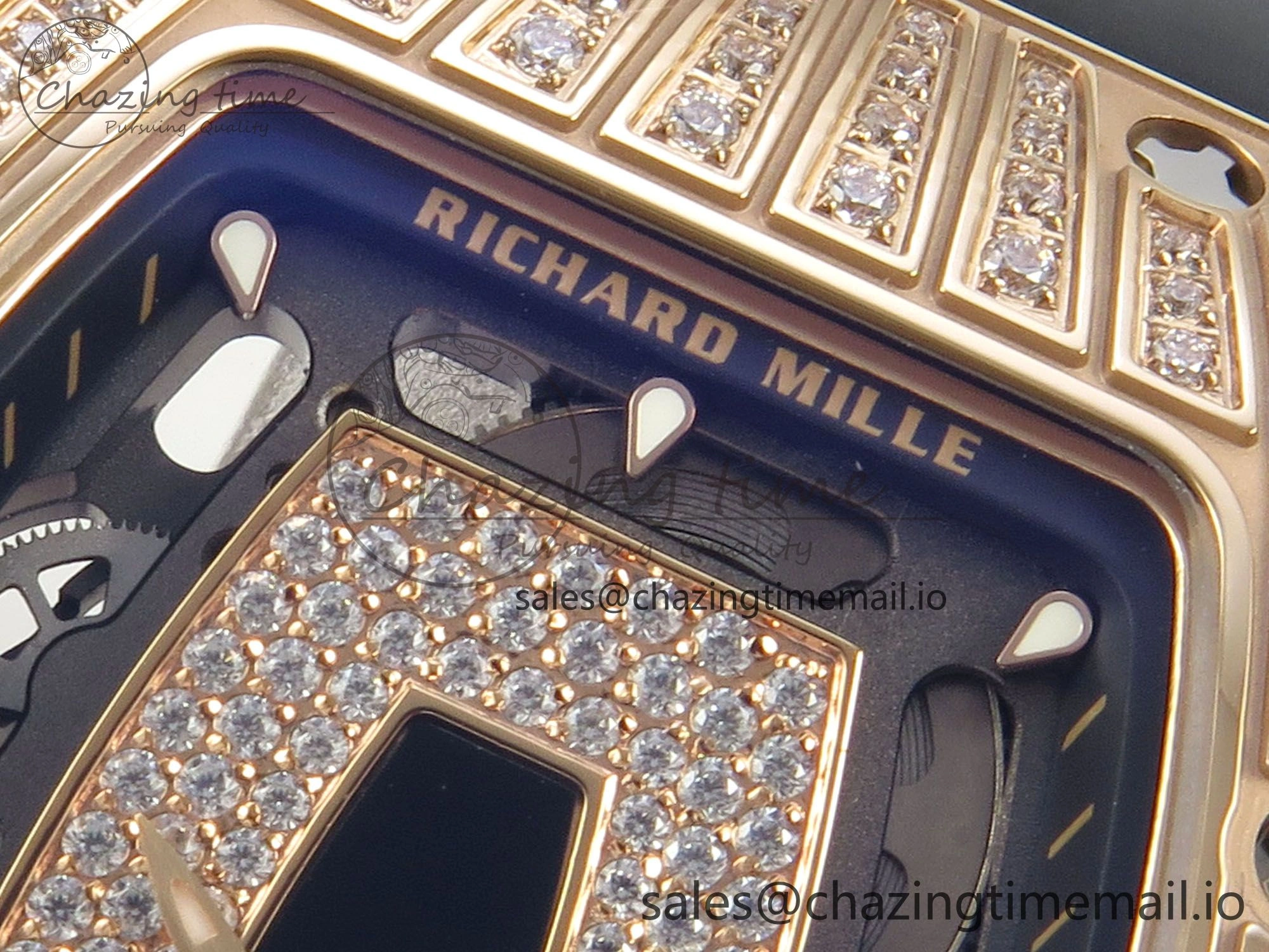 RM07 Ladies RG Diamonds Bezel ZF 1:1 Best Edition Black Diamonds Skeleton Dial on Black Rubber Strap CRMA2 Clone