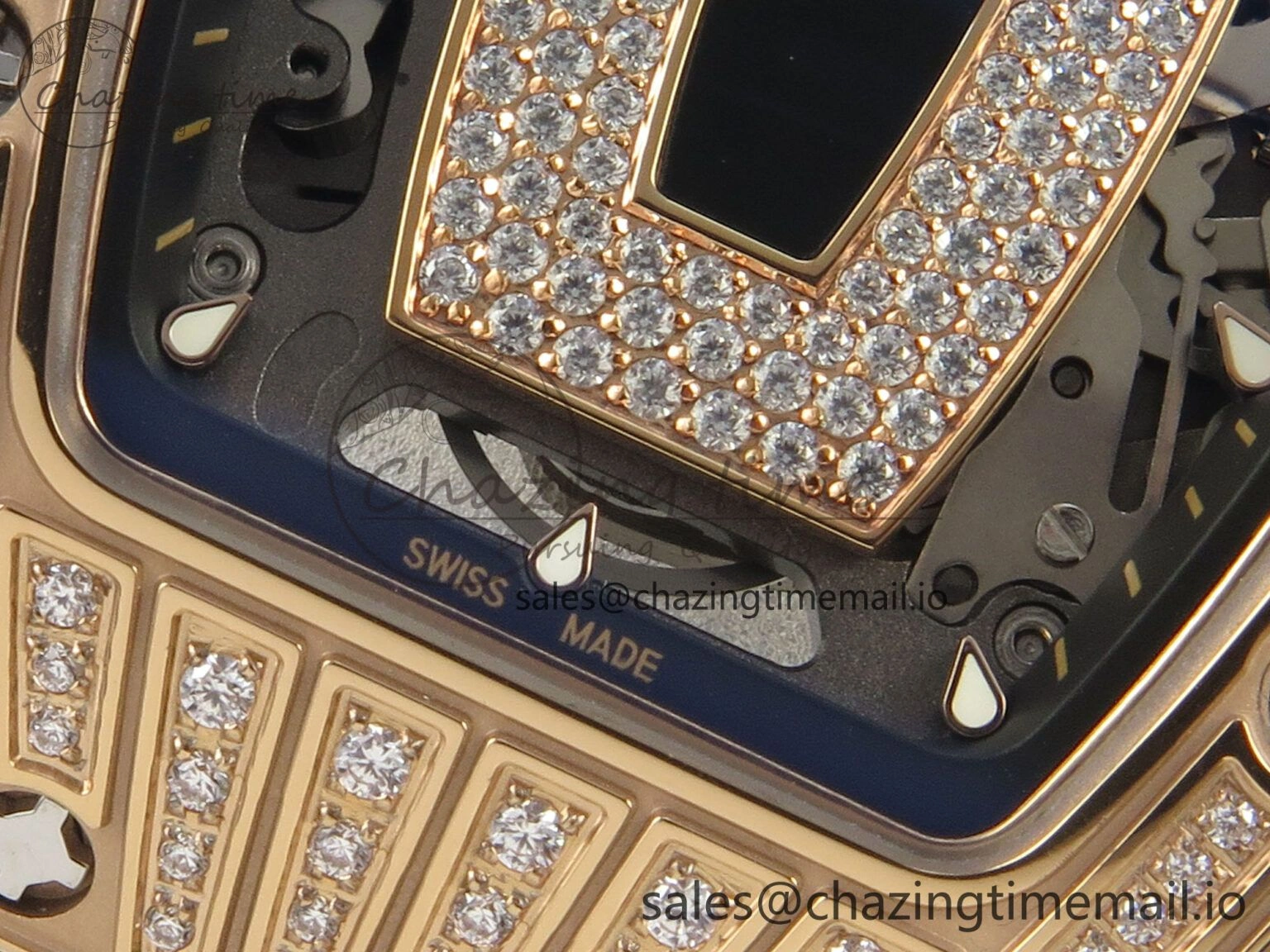RM07 Ladies RG Diamonds Bezel ZF 1:1 Best Edition Black Diamonds Skeleton Dial on Black Rubber Strap CRMA2 Clone