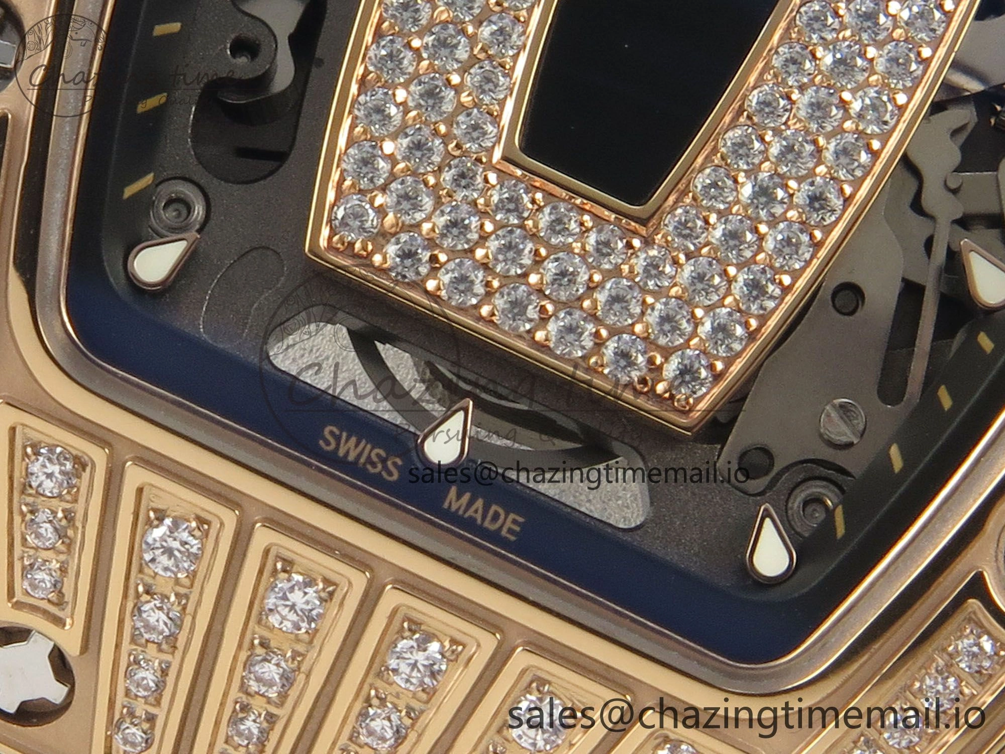 RM07 Ladies RG Diamonds Bezel ZF 1:1 Best Edition Black Diamonds Skeleton Dial on Black Rubber Strap CRMA2 Clone