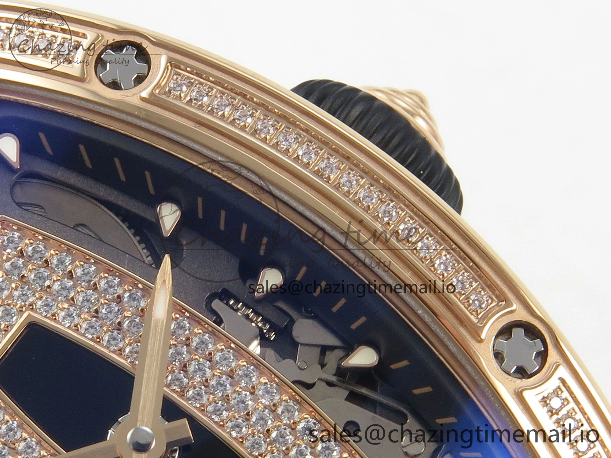 RM07 Ladies RG Diamonds Bezel ZF 1:1 Best Edition Black Diamonds Skeleton Dial on Black Rubber Strap CRMA2 Clone