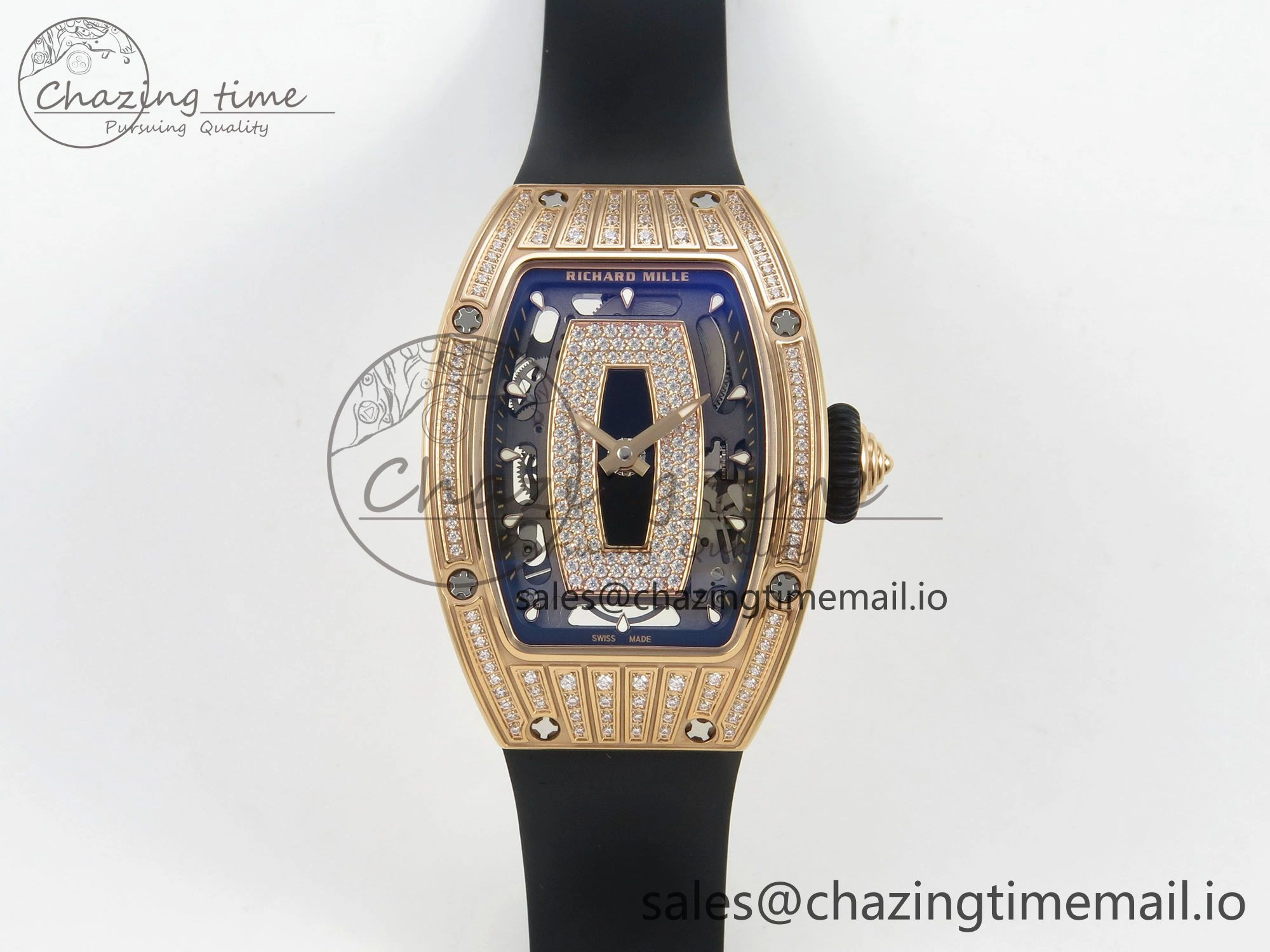 RM07 Ladies RG Diamonds Bezel ZF 1:1 Best Edition Black Diamonds Skeleton Dial on Black Rubber Strap CRMA2 Clone