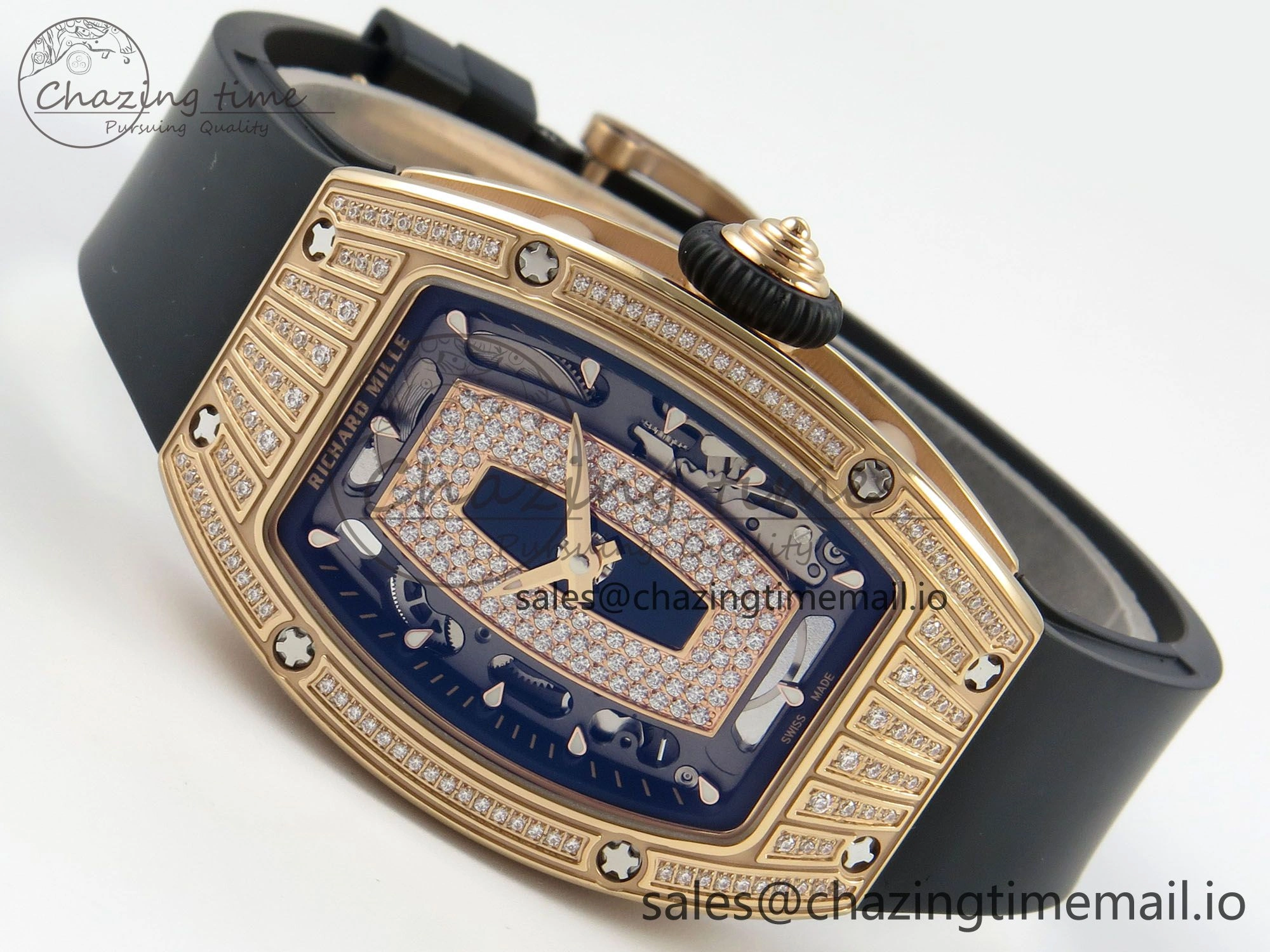 RM07 Ladies RG Diamonds Bezel ZF 1:1 Best Edition Black Diamonds Skeleton Dial on Black Rubber Strap CRMA2 Clone
