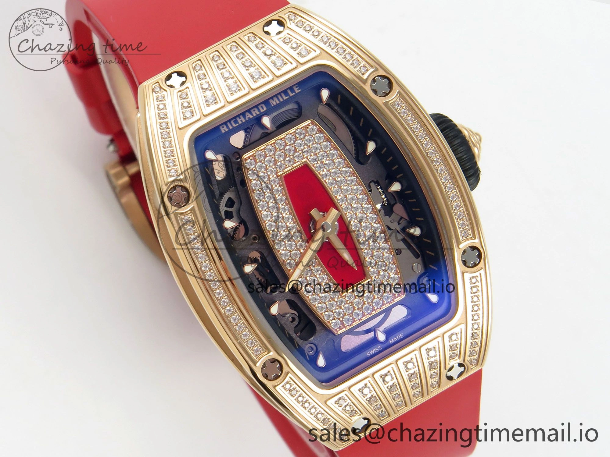 RM07 Ladies RG Diamonds Bezel ZF 1:1 Best Edition Red Diamonds Skeleton Dial on Red Rubber Strap CRMA2 Clone