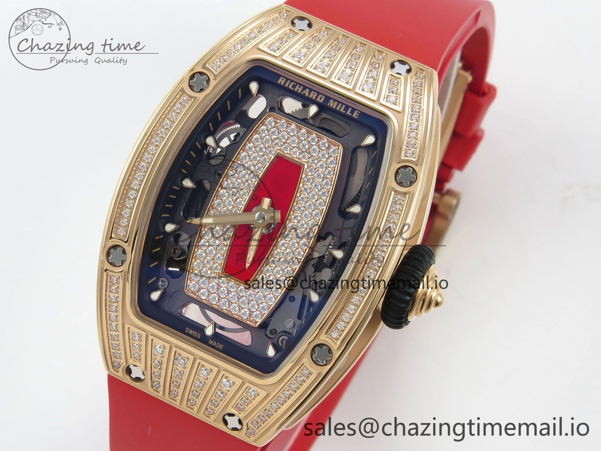 RM07 Ladies RG Diamonds Bezel ZF 1:1 Best Edition Red Diamonds Skeleton Dial on Red Rubber Strap CRMA2 Clone