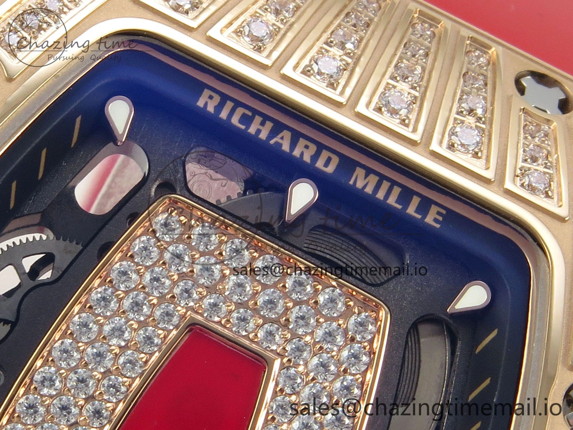 RM07 Ladies RG Diamonds Bezel ZF 1:1 Best Edition Red Diamonds Skeleton Dial on Red Rubber Strap CRMA2 Clone