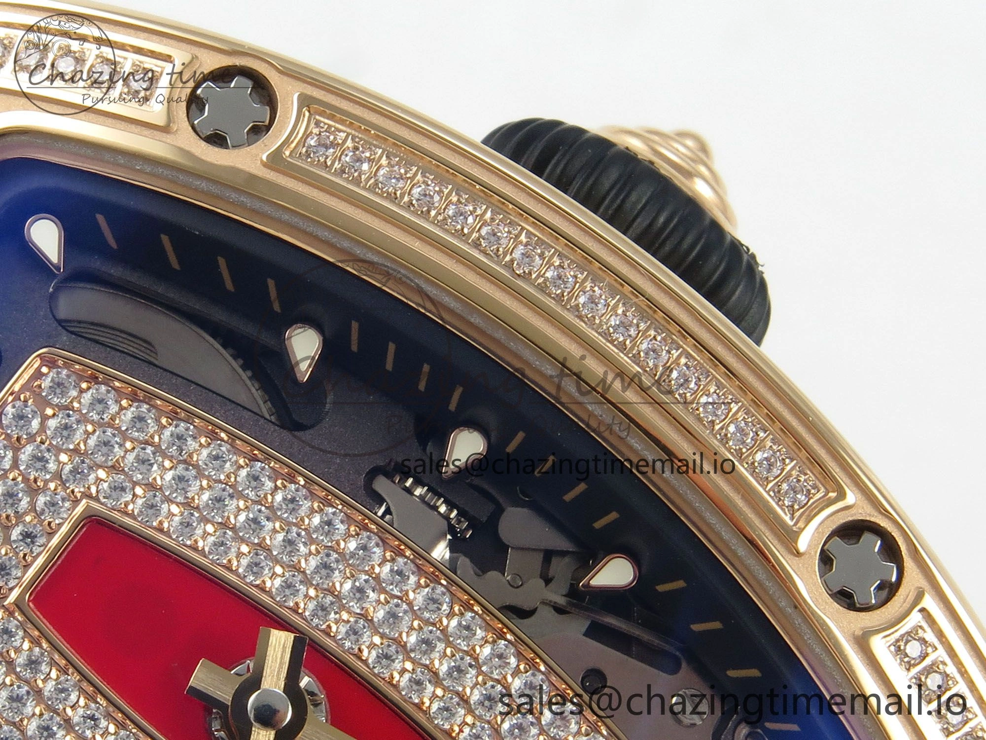 RM07 Ladies RG Diamonds Bezel ZF 1:1 Best Edition Red Diamonds Skeleton Dial on Red Rubber Strap CRMA2 Clone