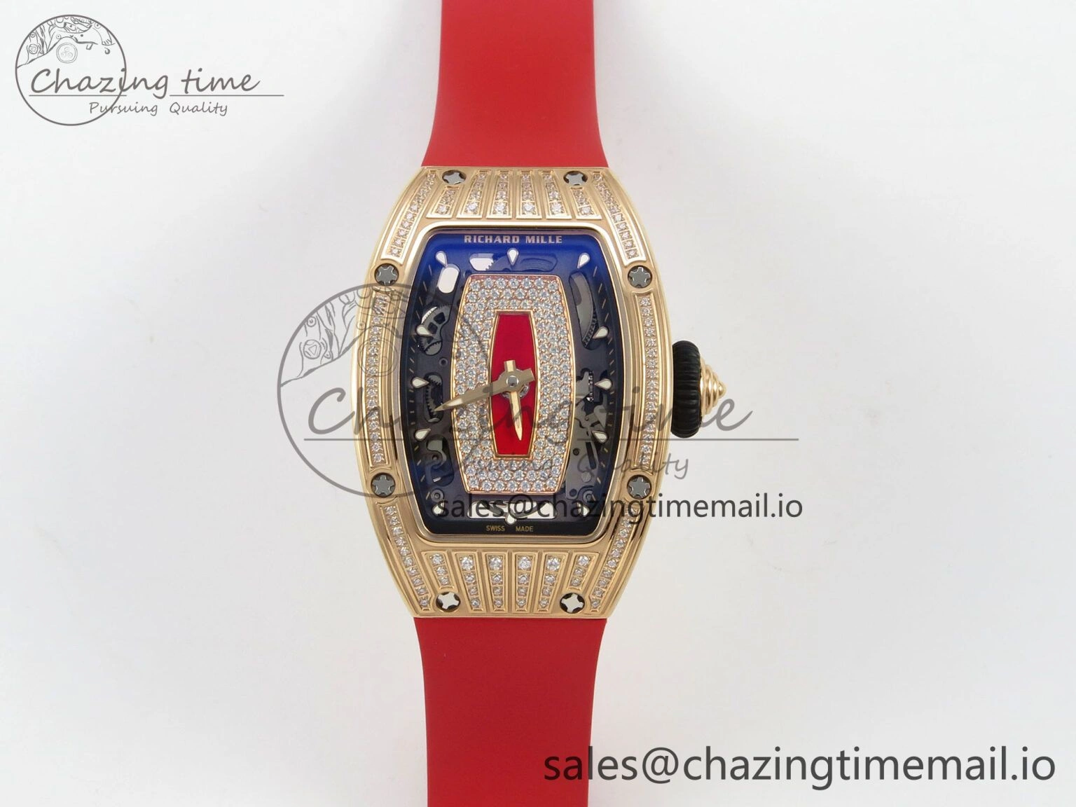RM07 Ladies RG Diamonds Bezel ZF 1:1 Best Edition Red Diamonds Skeleton Dial on Red Rubber Strap CRMA2 Clone