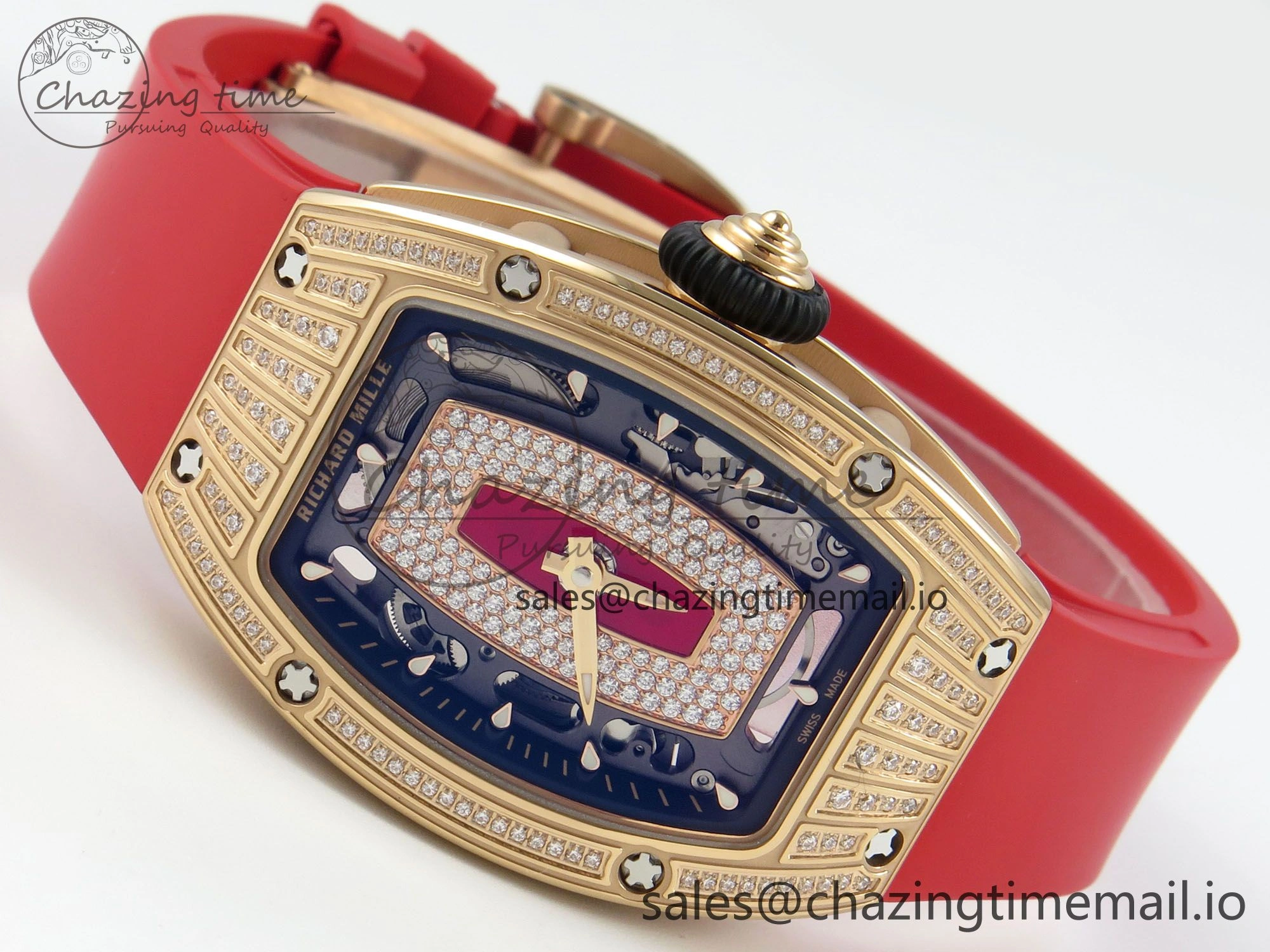 RM07 Ladies RG Diamonds Bezel ZF 1:1 Best Edition Red Diamonds Skeleton Dial on Red Rubber Strap CRMA2 Clone