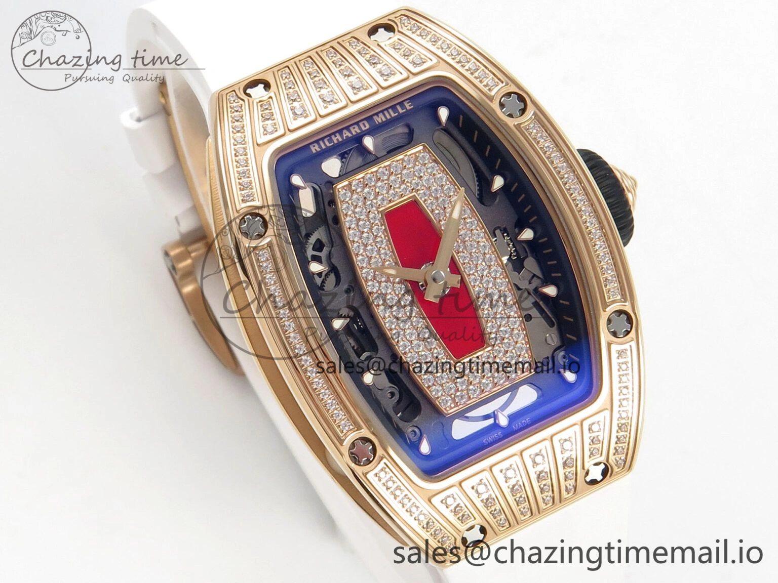RM07 Ladies RG Diamonds Bezel ZF 1:1 Best Edition Red Diamonds Skeleton Dial on White Rubber Strap CRMA2 Clone