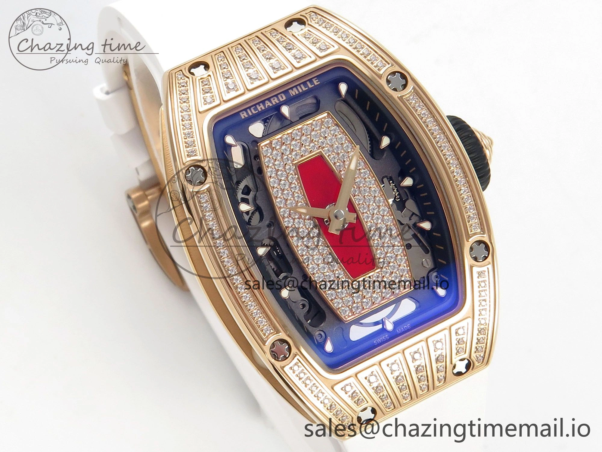 RM07 Ladies RG Diamonds Bezel ZF 1:1 Best Edition Red Diamonds Skeleton Dial on White Rubber Strap CRMA2 Clone
