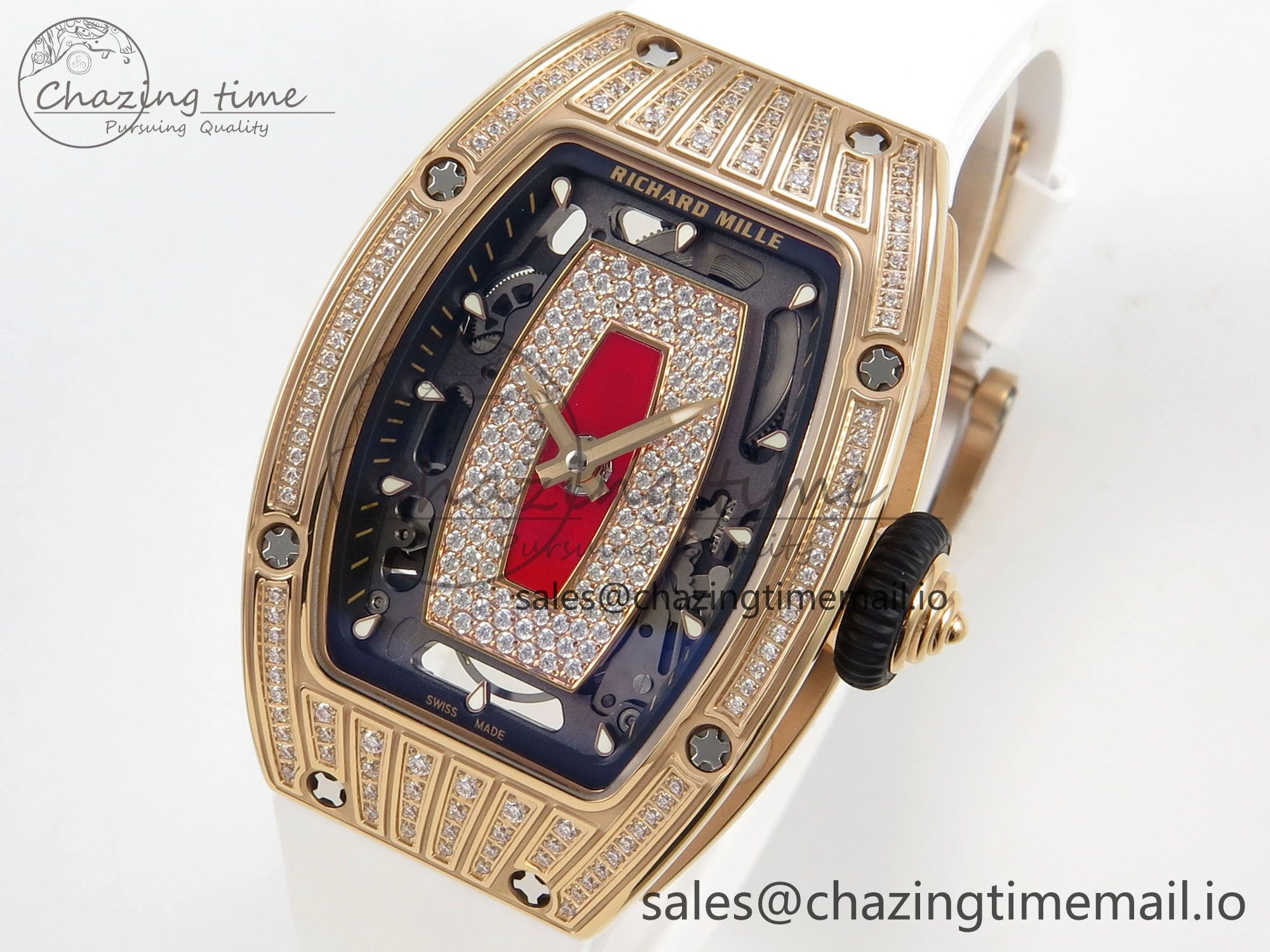 RM07 Ladies RG Diamonds Bezel ZF 1:1 Best Edition Red Diamonds Skeleton Dial on White Rubber Strap CRMA2 Clone