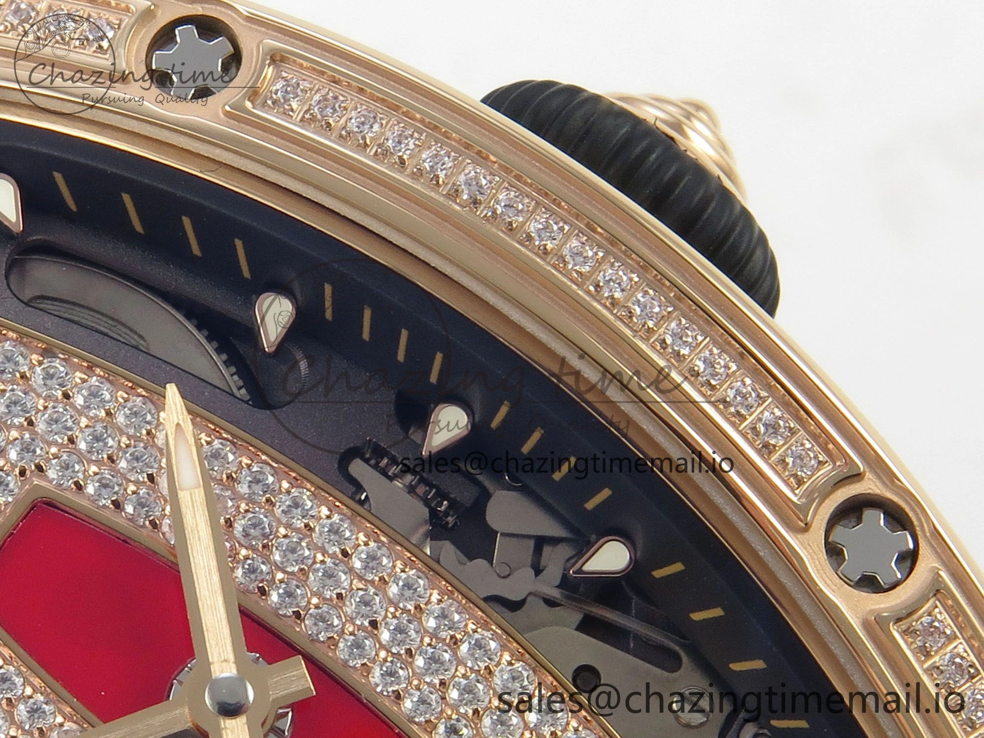 RM07 Ladies RG Diamonds Bezel ZF 1:1 Best Edition Red Diamonds Skeleton Dial on White Rubber Strap CRMA2 Clone