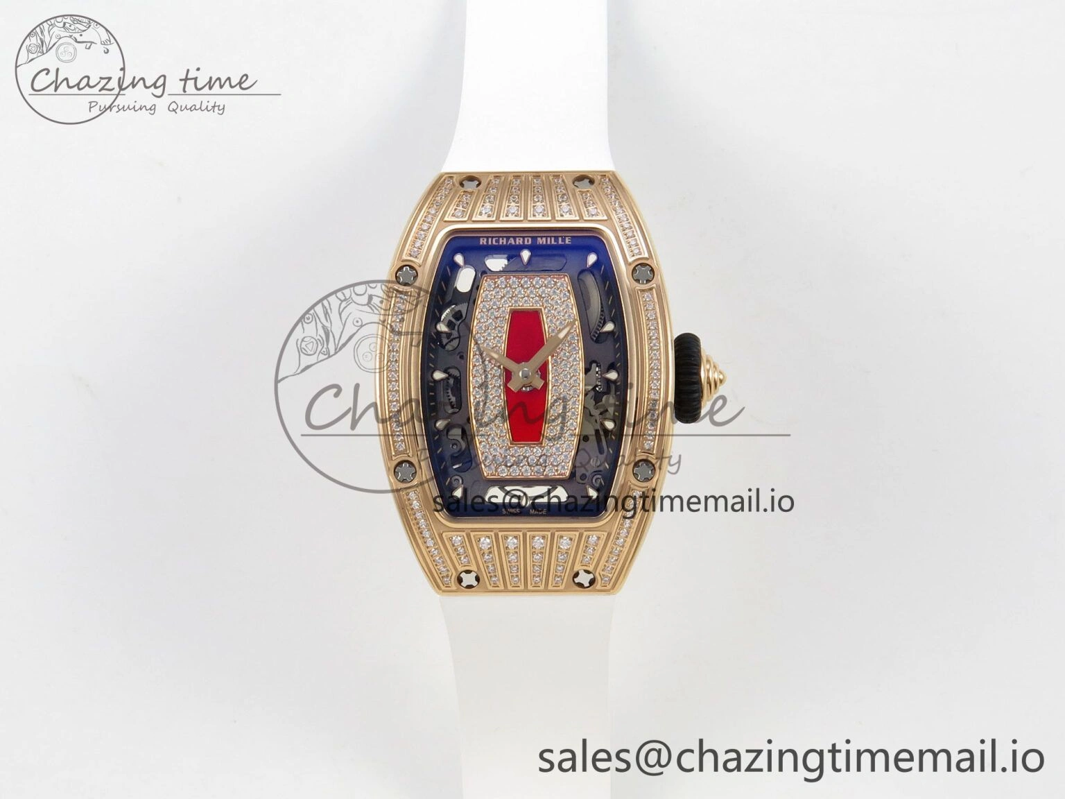 RM07 Ladies RG Diamonds Bezel ZF 1:1 Best Edition Red Diamonds Skeleton Dial on White Rubber Strap CRMA2 Clone