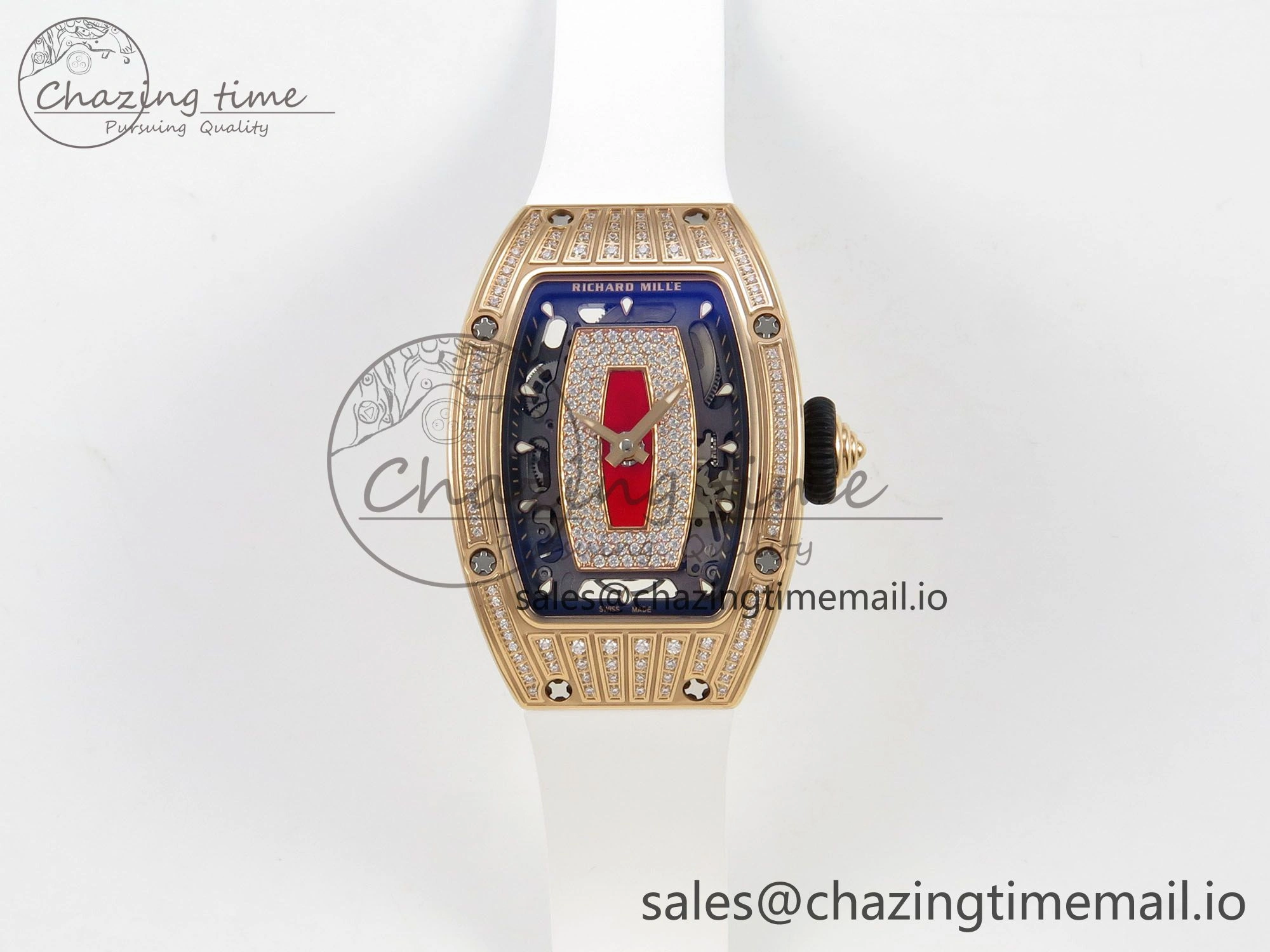 RM07 Ladies RG Diamonds Bezel ZF 1:1 Best Edition Red Diamonds Skeleton Dial on White Rubber Strap CRMA2 Clone
