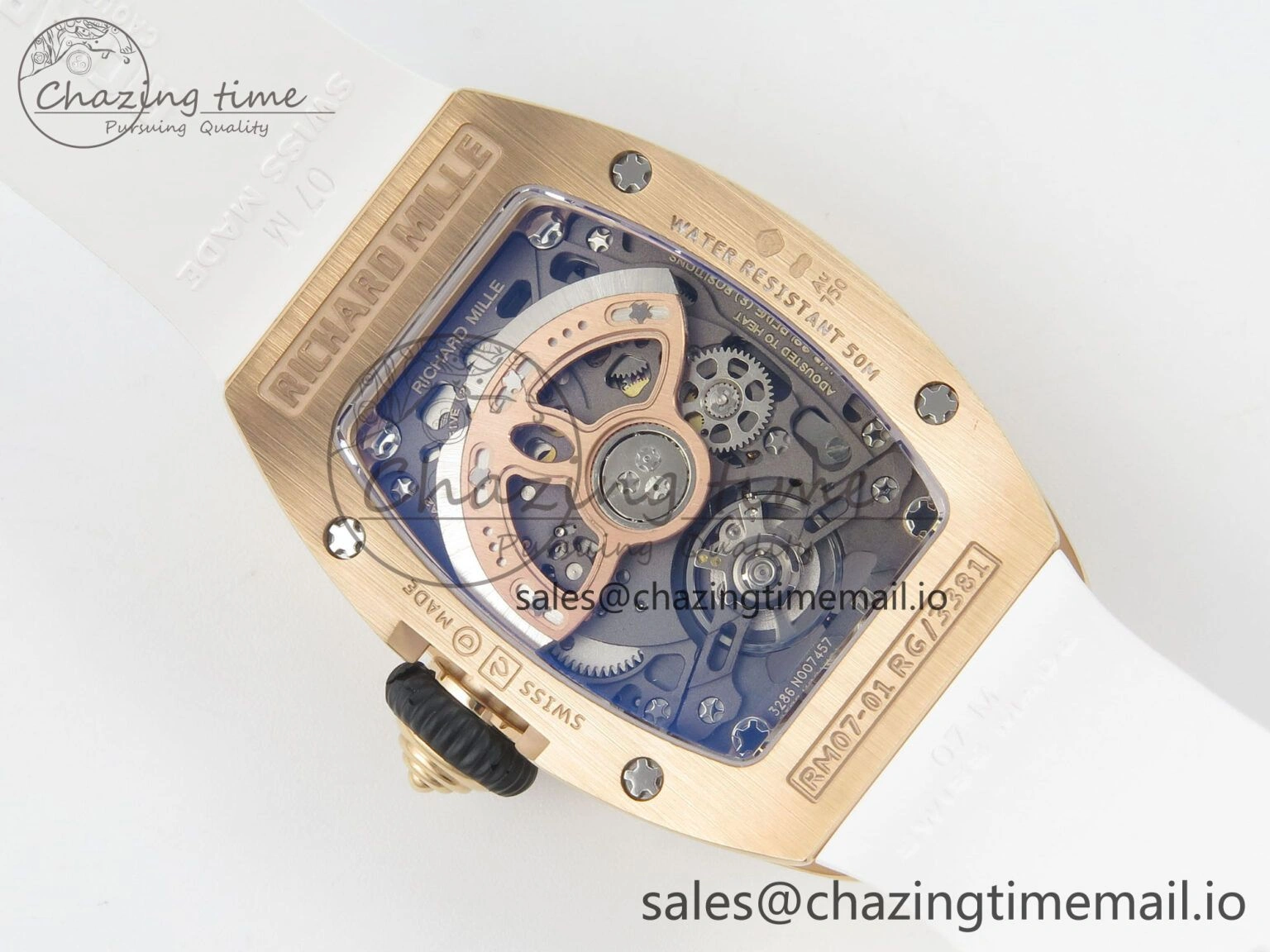 RM07 Ladies RG Diamonds Bezel ZF 1:1 Best Edition Red Diamonds Skeleton Dial on White Rubber Strap CRMA2 Clone