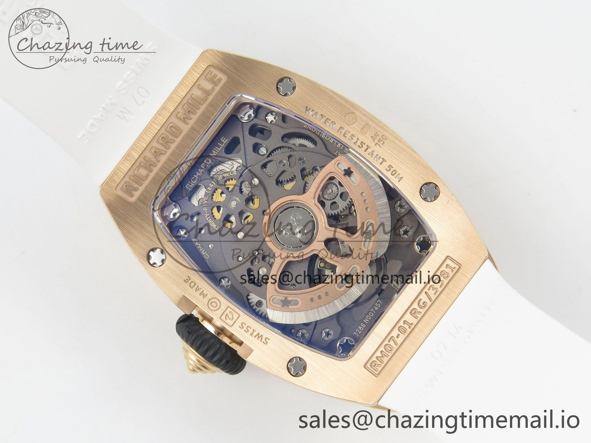 RM07 Ladies RG Diamonds Bezel ZF 1:1 Best Edition Red Diamonds Skeleton Dial on White Rubber Strap CRMA2 Clone