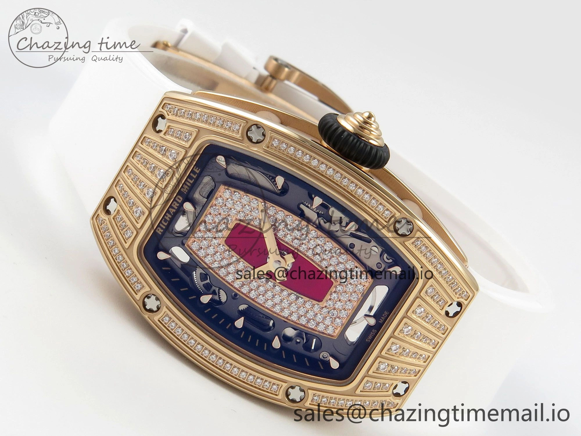 RM07 Ladies RG Diamonds Bezel ZF 1:1 Best Edition Red Diamonds Skeleton Dial on White Rubber Strap CRMA2 Clone