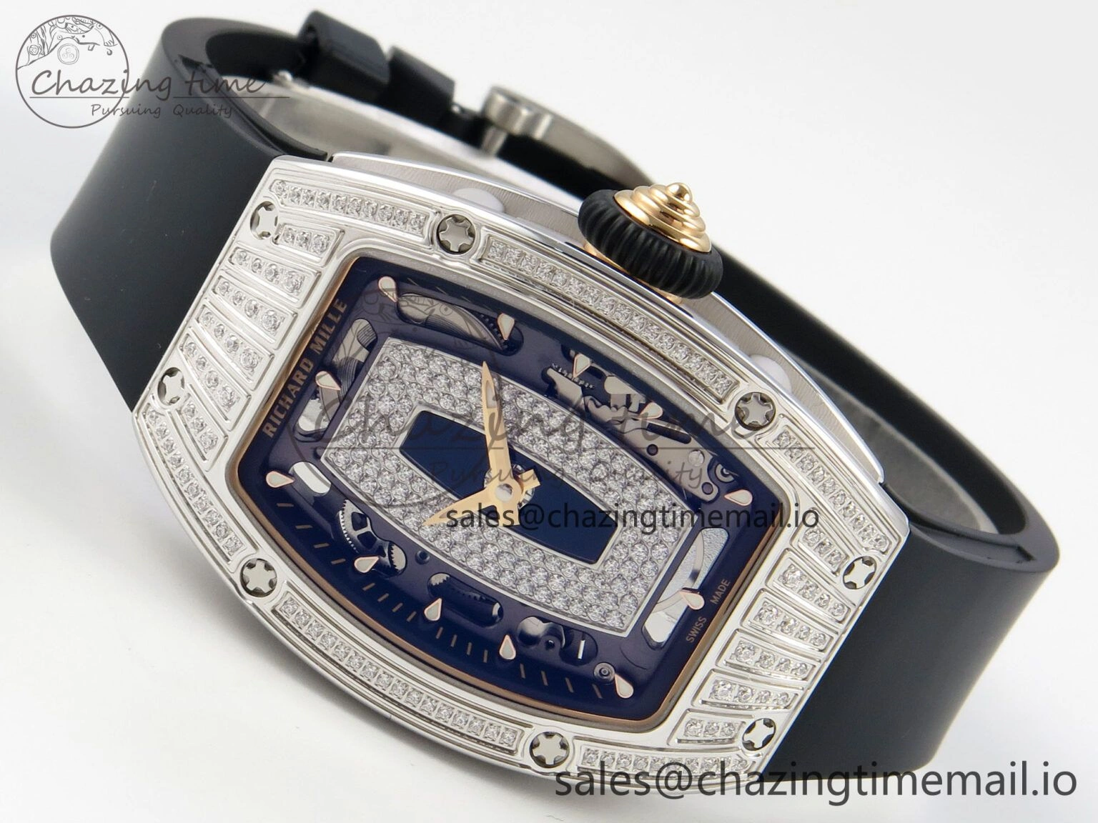 RM07 Ladies SS Diamonds Bezel ZF 1:1 Best Edition Black Diamonds Skeleton Dial on Black Rubber Strap CRMA2 Clone
