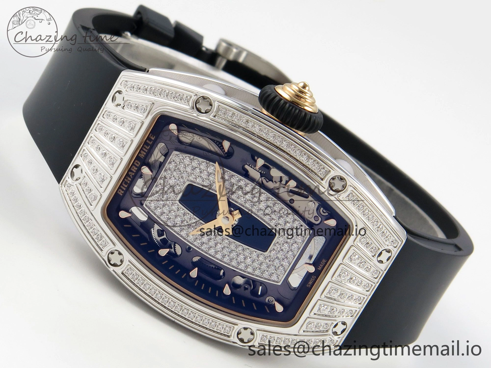 RM07 Ladies SS Diamonds Bezel ZF 1:1 Best Edition Black Diamonds Skeleton Dial on Black Rubber Strap CRMA2 Clone