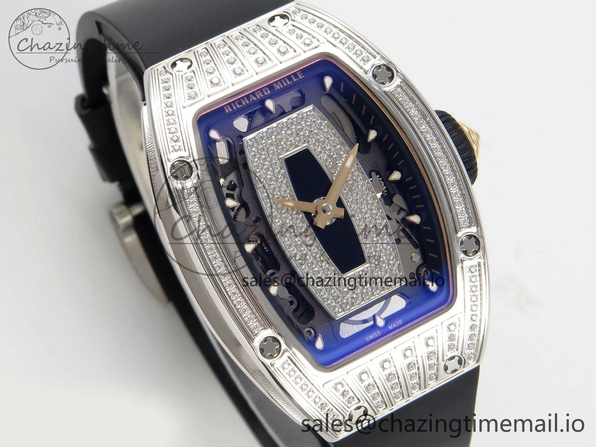 RM07 Ladies SS Diamonds Bezel ZF 1:1 Best Edition Black Diamonds Skeleton Dial on Black Rubber Strap CRMA2 Clone
