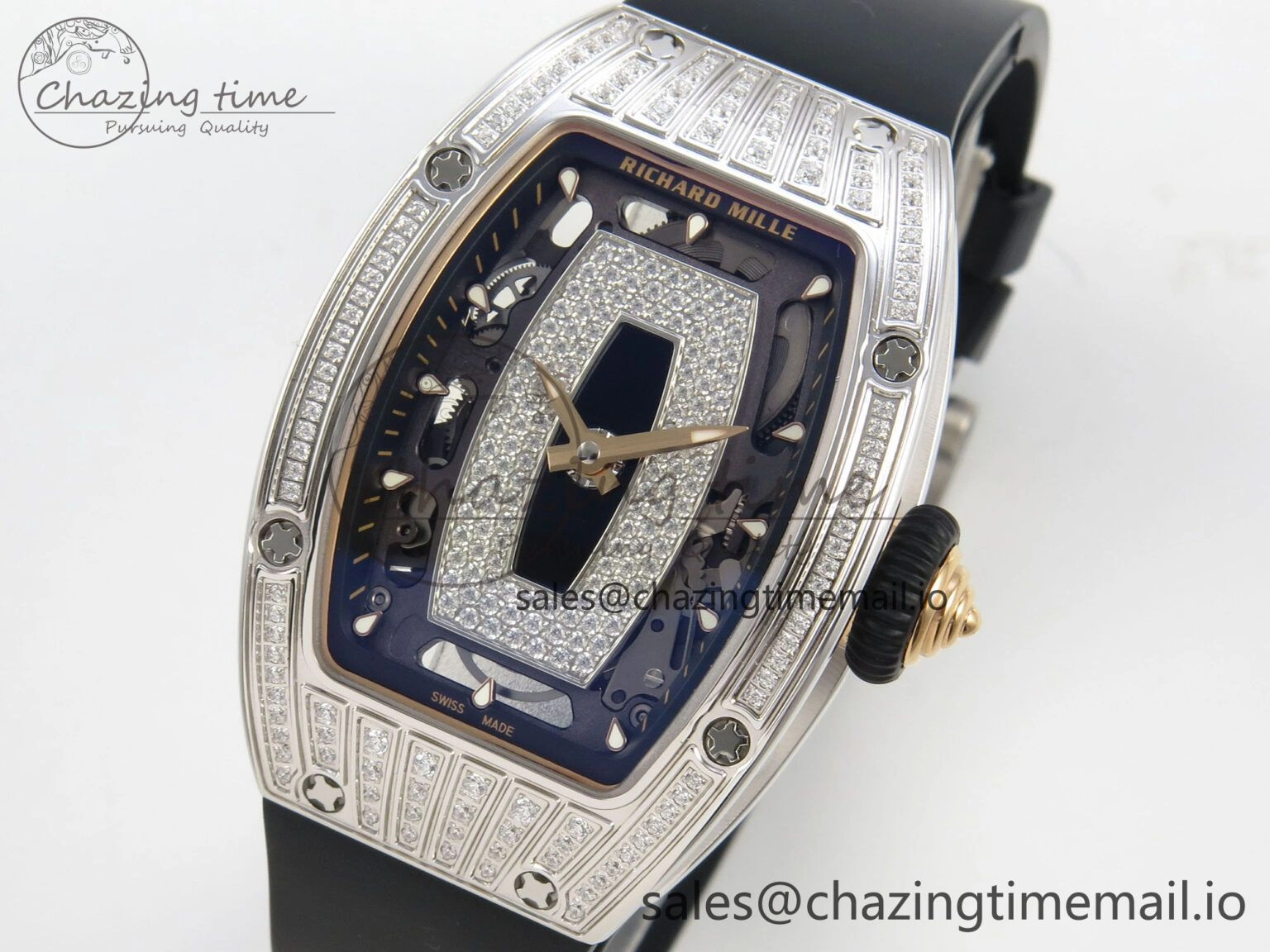 RM07 Ladies SS Diamonds Bezel ZF 1:1 Best Edition Black Diamonds Skeleton Dial on Black Rubber Strap CRMA2 Clone