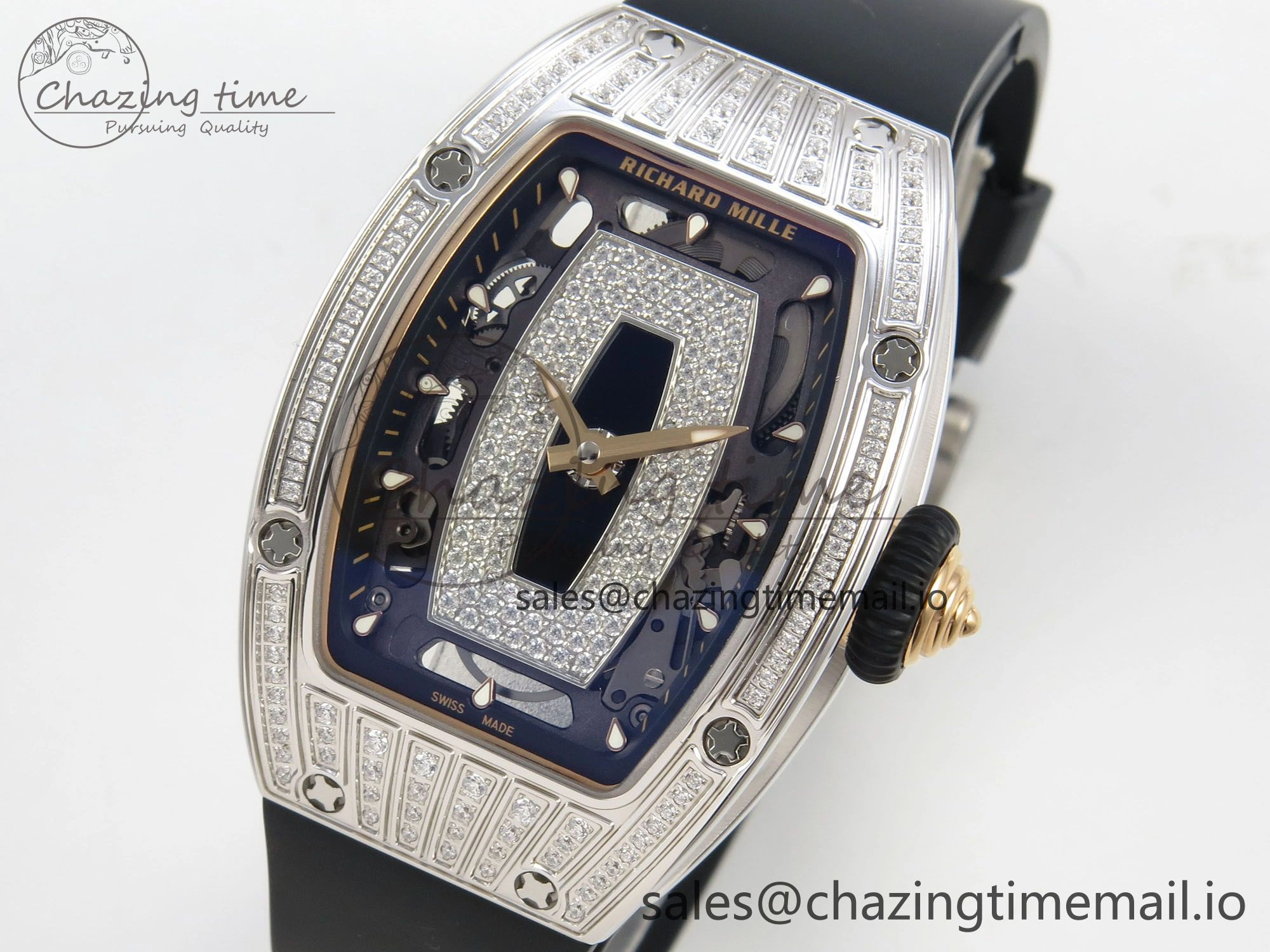 RM07 Ladies SS Diamonds Bezel ZF 1:1 Best Edition Black Diamonds Skeleton Dial on Black Rubber Strap CRMA2 Clone