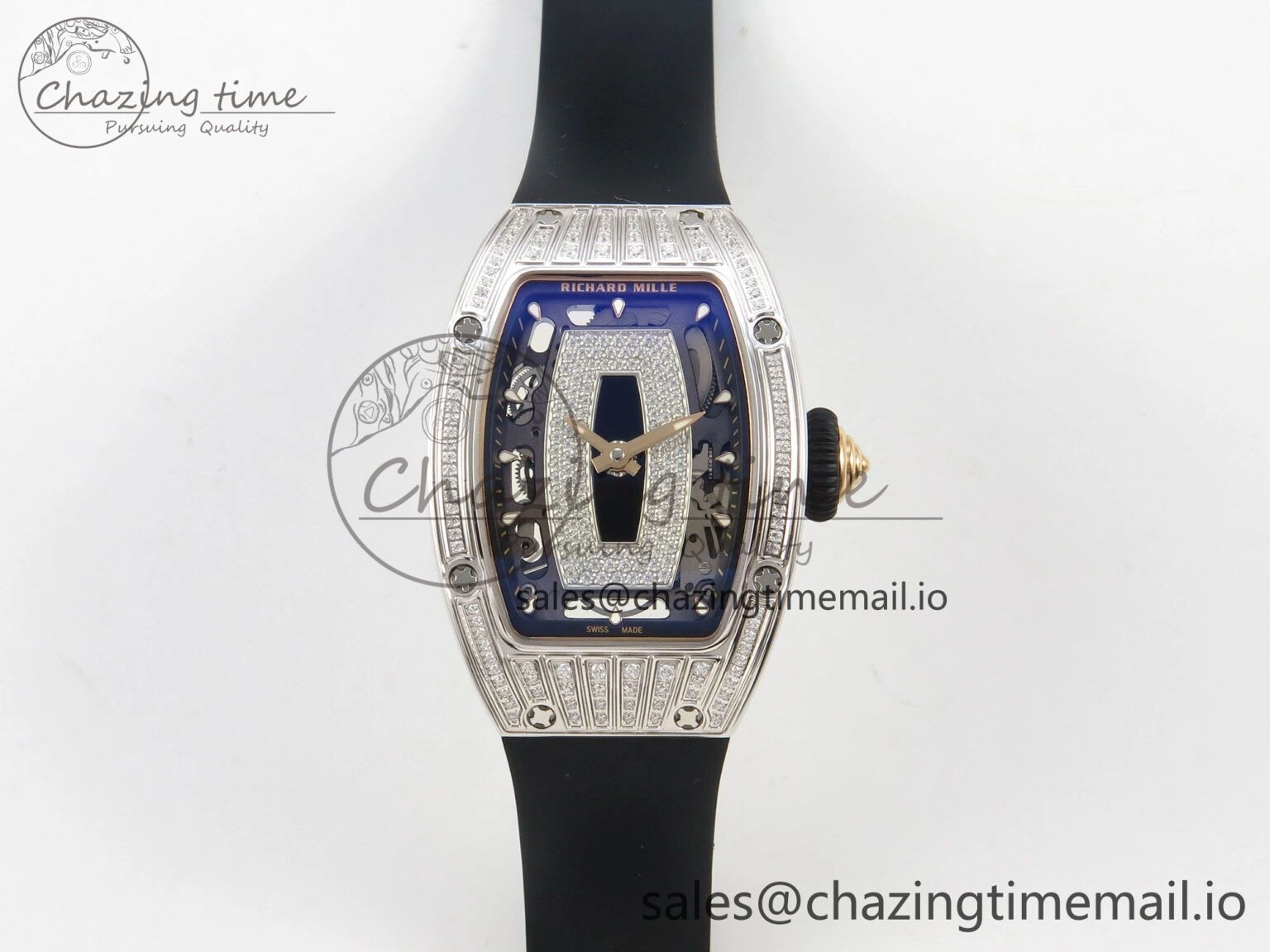 RM07 Ladies SS Diamonds Bezel ZF 1:1 Best Edition Black Diamonds Skeleton Dial on Black Rubber Strap CRMA2 Clone