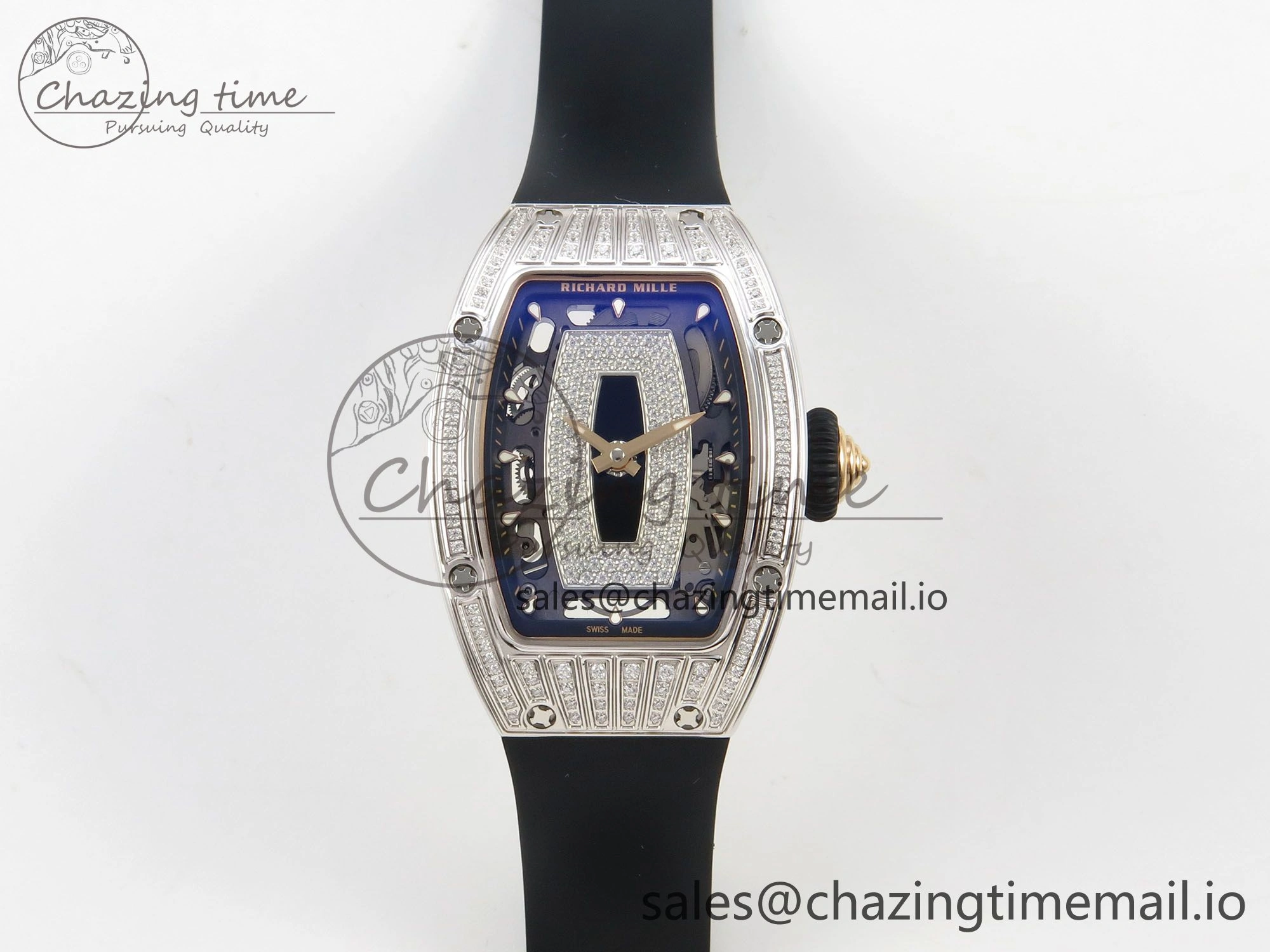 RM07 Ladies SS Diamonds Bezel ZF 1:1 Best Edition Black Diamonds Skeleton Dial on Black Rubber Strap CRMA2 Clone