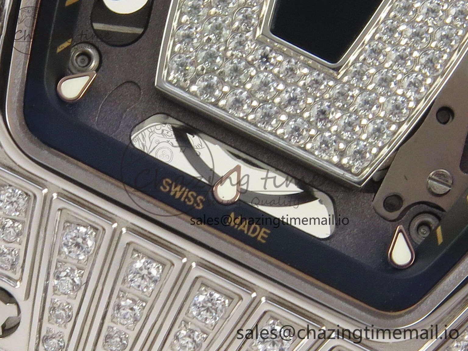 RM07 Ladies SS Diamonds Bezel ZF 1:1 Best Edition Black Diamonds Skeleton Dial on Black Rubber Strap CRMA2 Clone