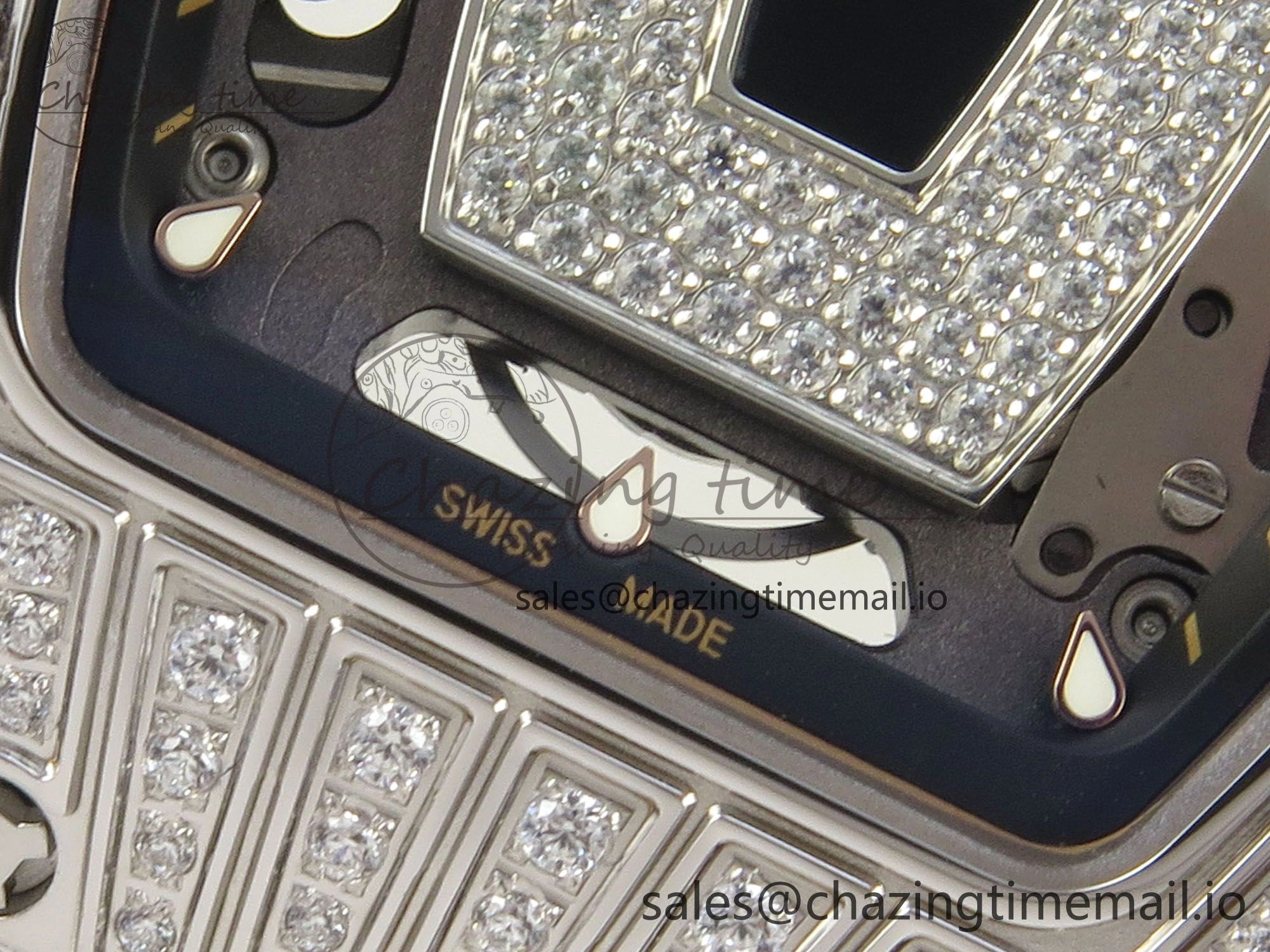RM07 Ladies SS Diamonds Bezel ZF 1:1 Best Edition Black Diamonds Skeleton Dial on Black Rubber Strap CRMA2 Clone
