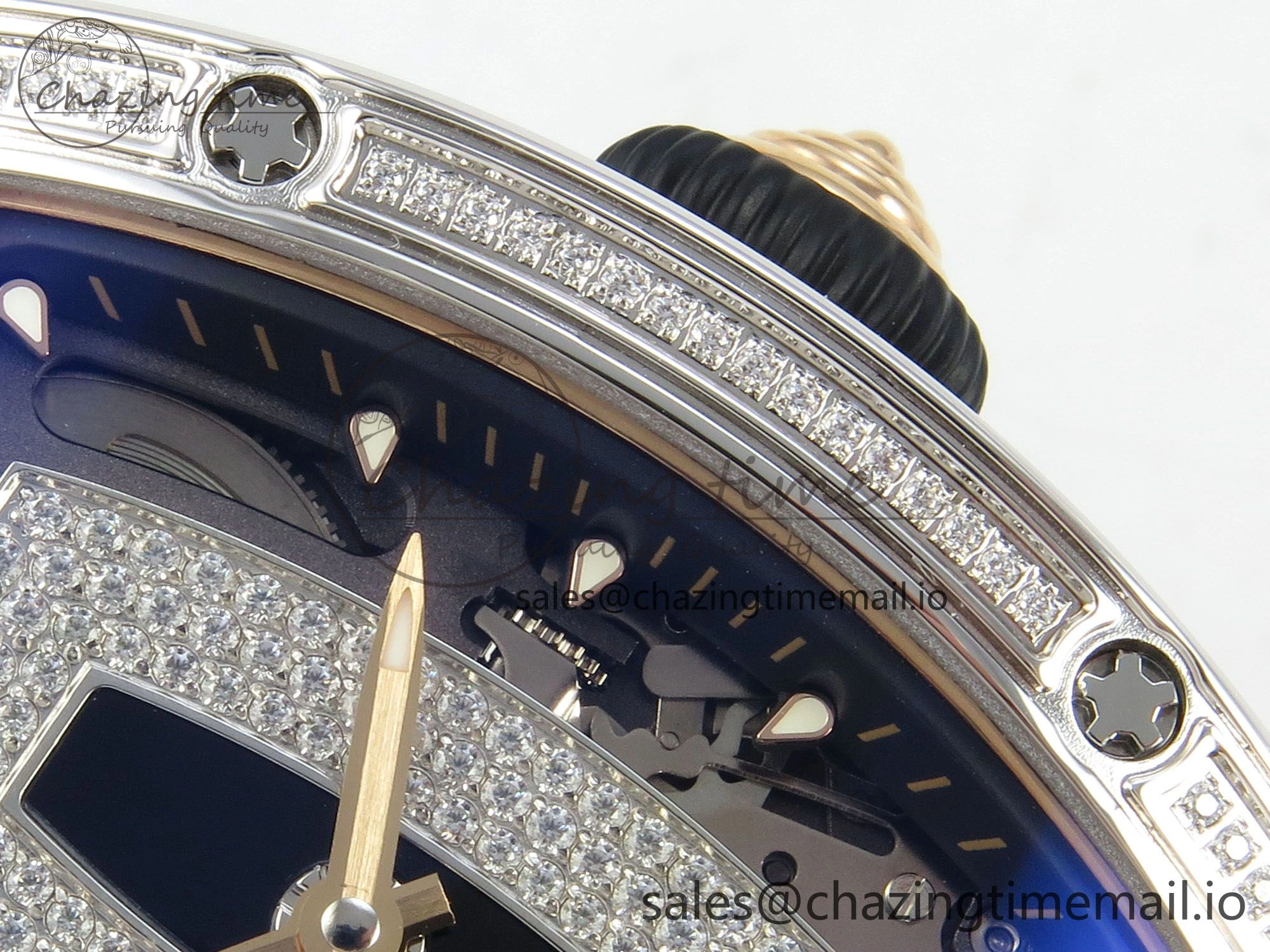 RM07 Ladies SS Diamonds Bezel ZF 1:1 Best Edition Black Diamonds Skeleton Dial on Black Rubber Strap CRMA2 Clone